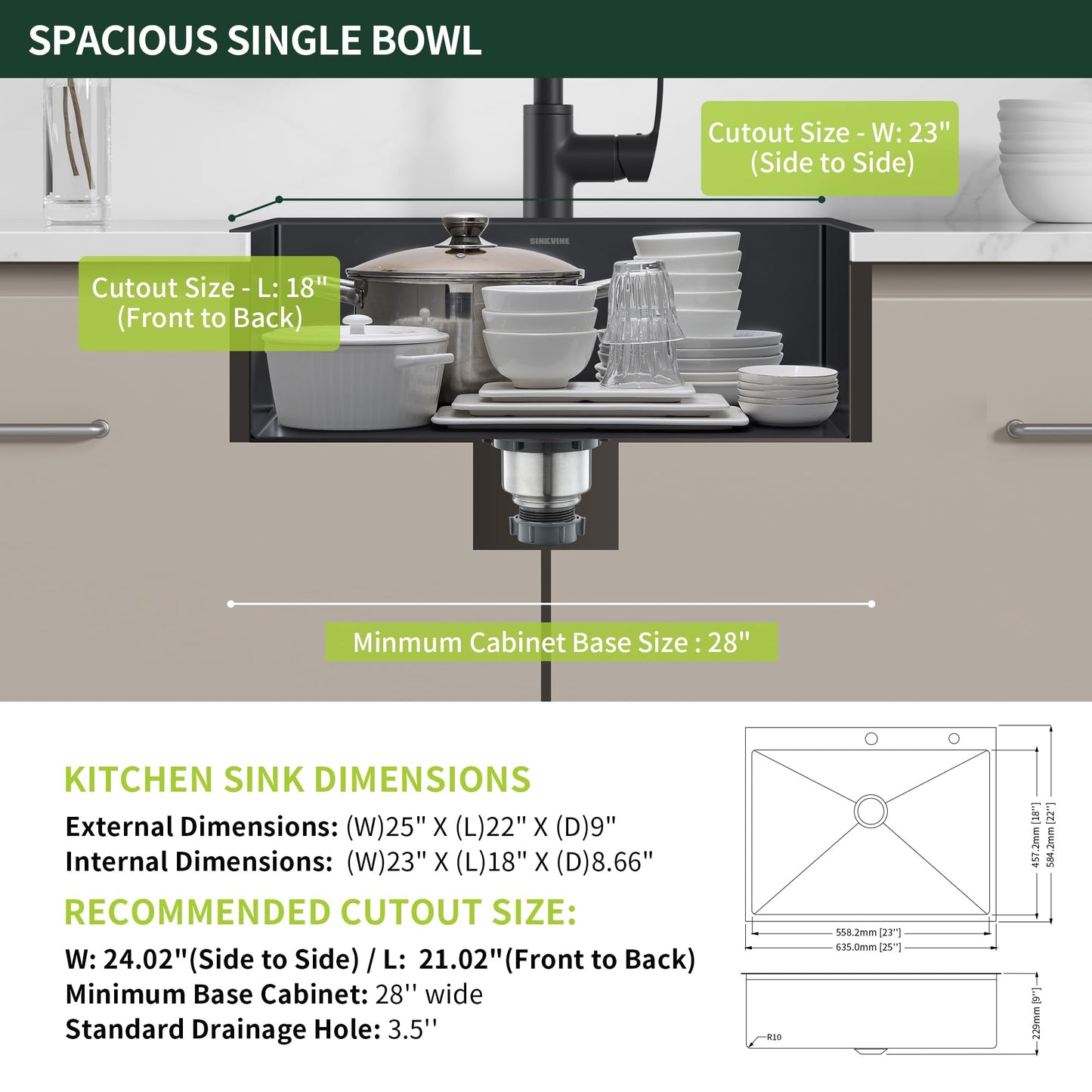 Drop-In Deep Laundry Sink 25 x 22 inch Black, SINKVINE Single Bowl Nano Stainless Steel Kitchen Sink for Outdoor and Indoor Top Mount, with Drain Strainer, Bottom Grid, Roll-up Drying Unit, Dark Gray
