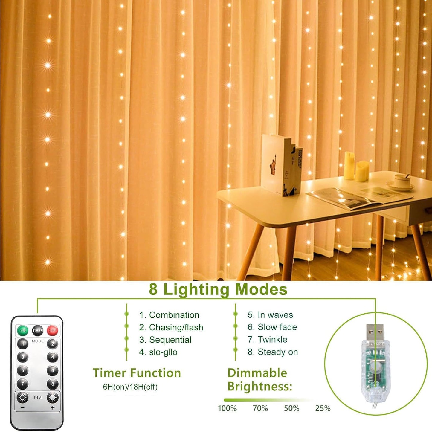 Skiennix 300 LED Curtain String Lights - Remote Controlled Fairy Lights with 8 Modes | 9.8x9.8ft Warm White for Indoor & Outdoor Use