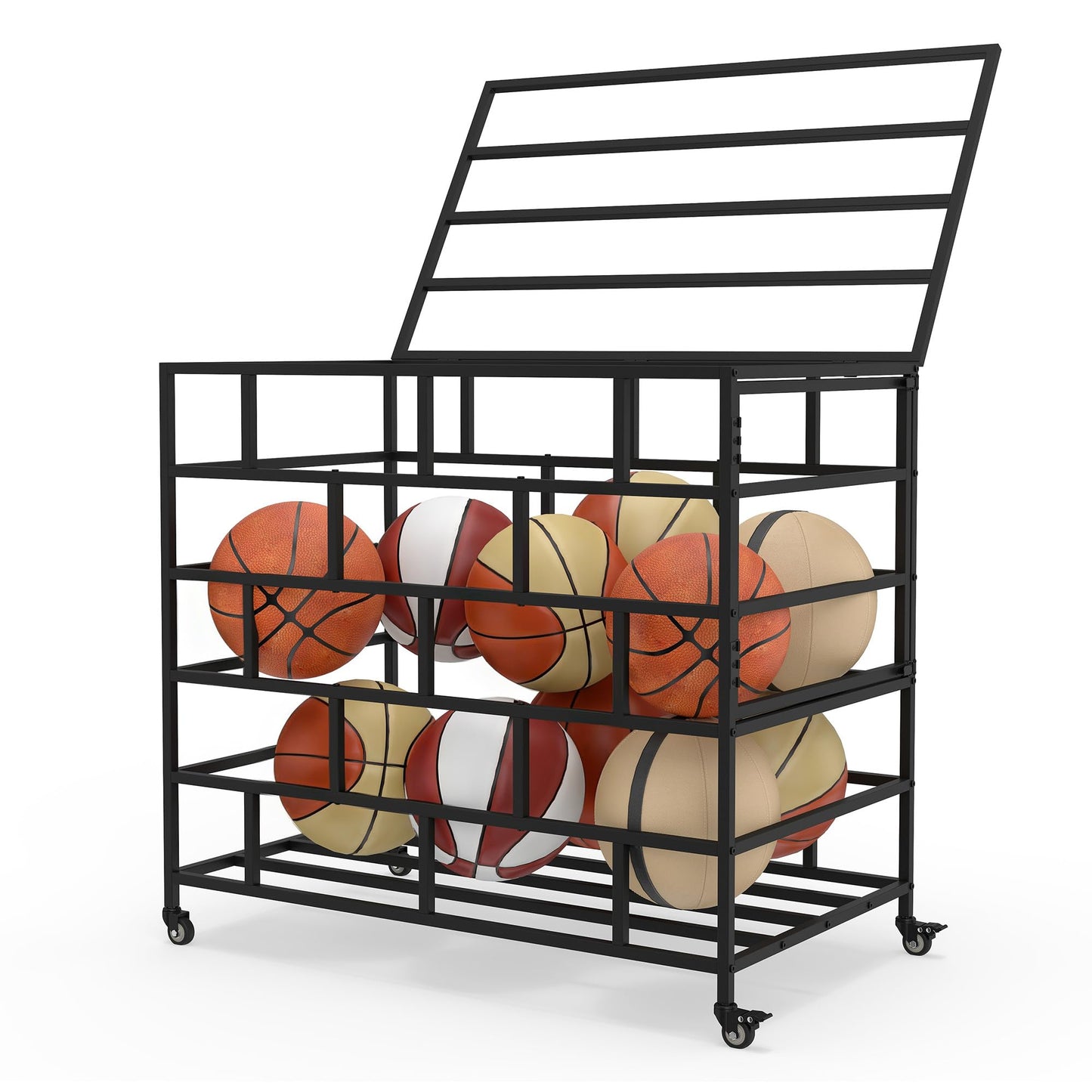 veonly Ball Storage Cart, Lockable Rolling Basketball Storage Bin & Organizer with Wheels, Secure Sports Exercise Ball Cart Holder for Gym, School, Club, Indoor Outdoor Use