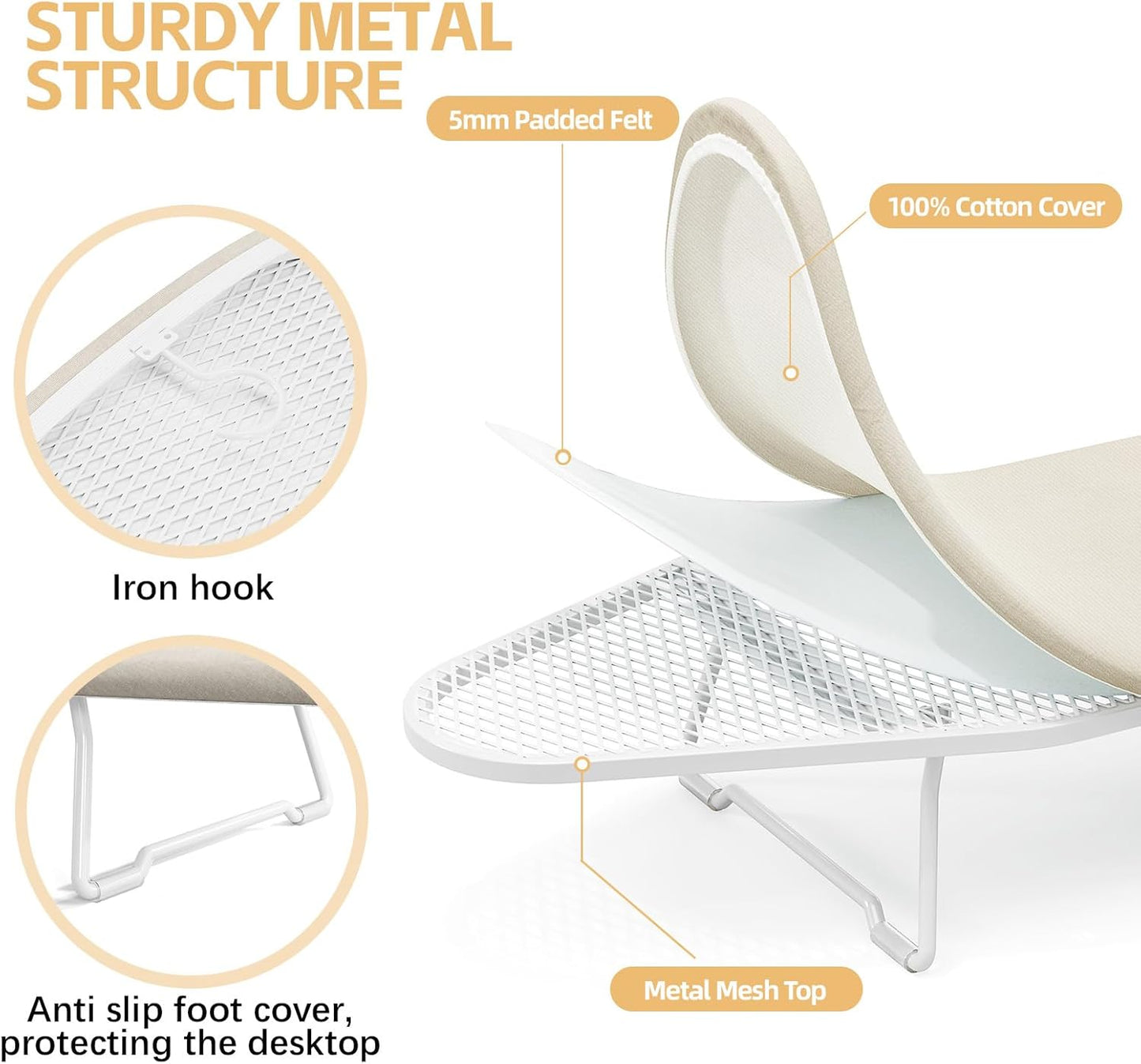 Skiennix Compact Ironing Board - Heat Resistant Cover & Metal Mesh Frame - 12" x 30" - Cream White