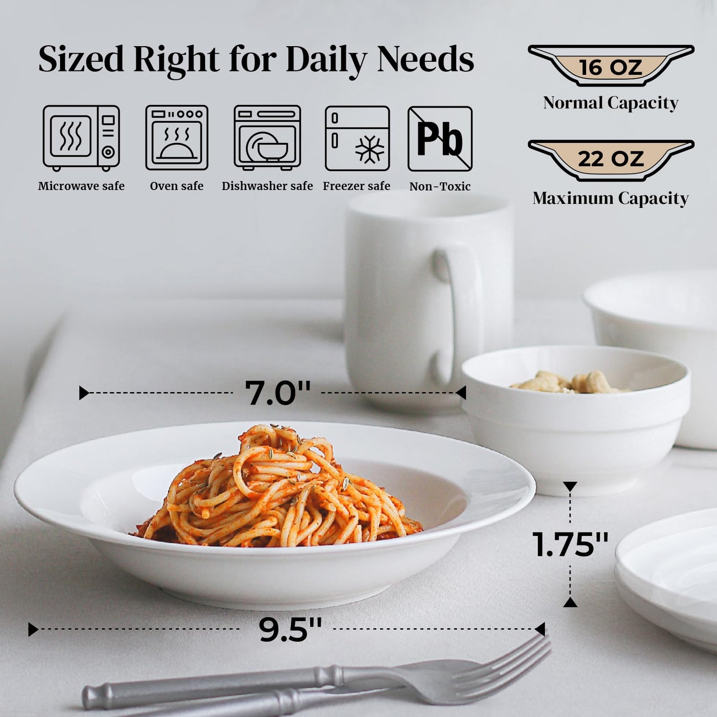 DOWAN Soup and Pasta Bowls Set of 4, White Porcelain Wide Rim Salad Plates, 20 Ounces, Microwave & Dishwasher Safe