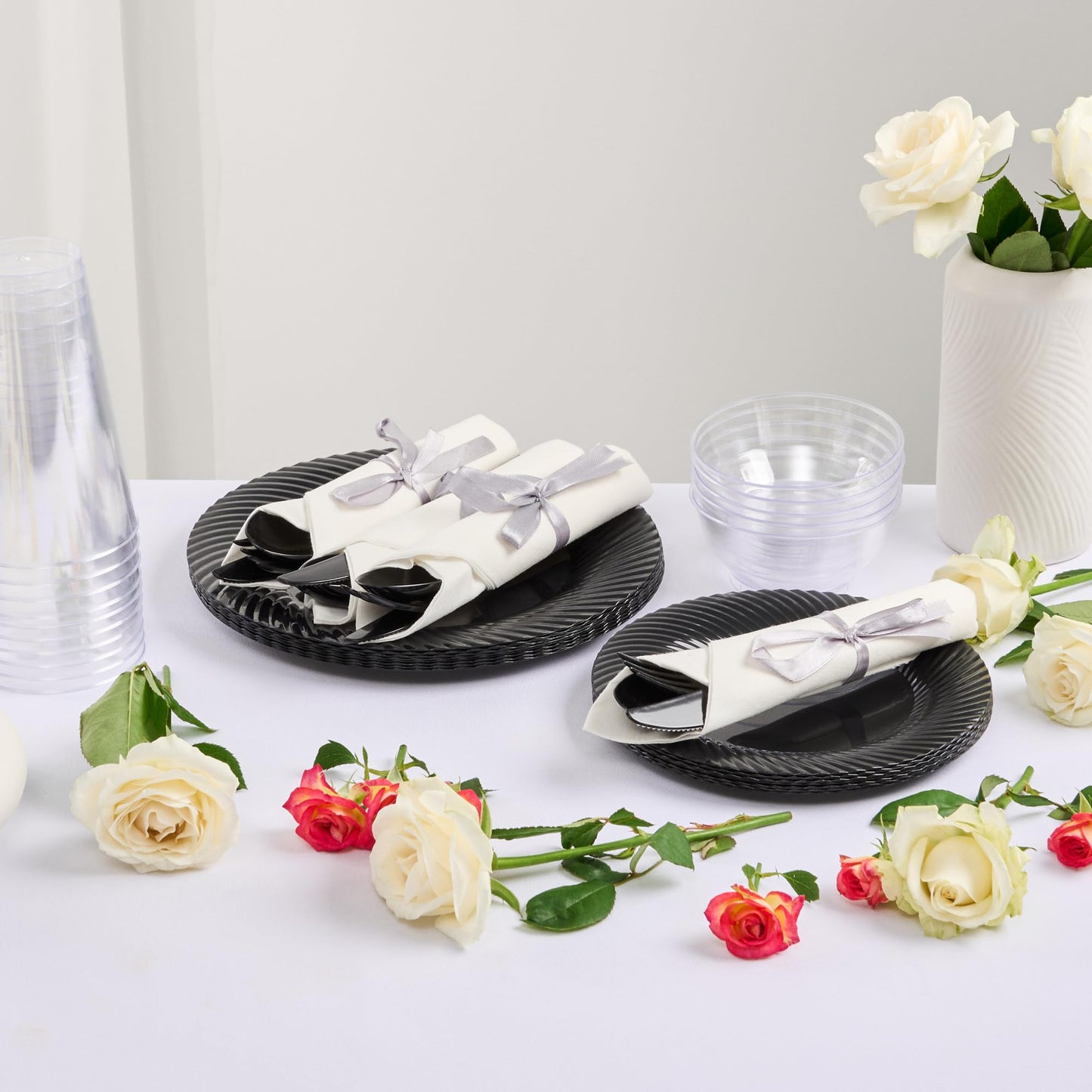Restaurantware-7.3 Inch x 2 Inch Plastic Cutlery Sets, 100 Plastic Flatware Sets - Silver Ribbon, With White Napkin, Indivudally Wrapped, Black Plastic Disposable Cutlery Sets, For Weddings And Events