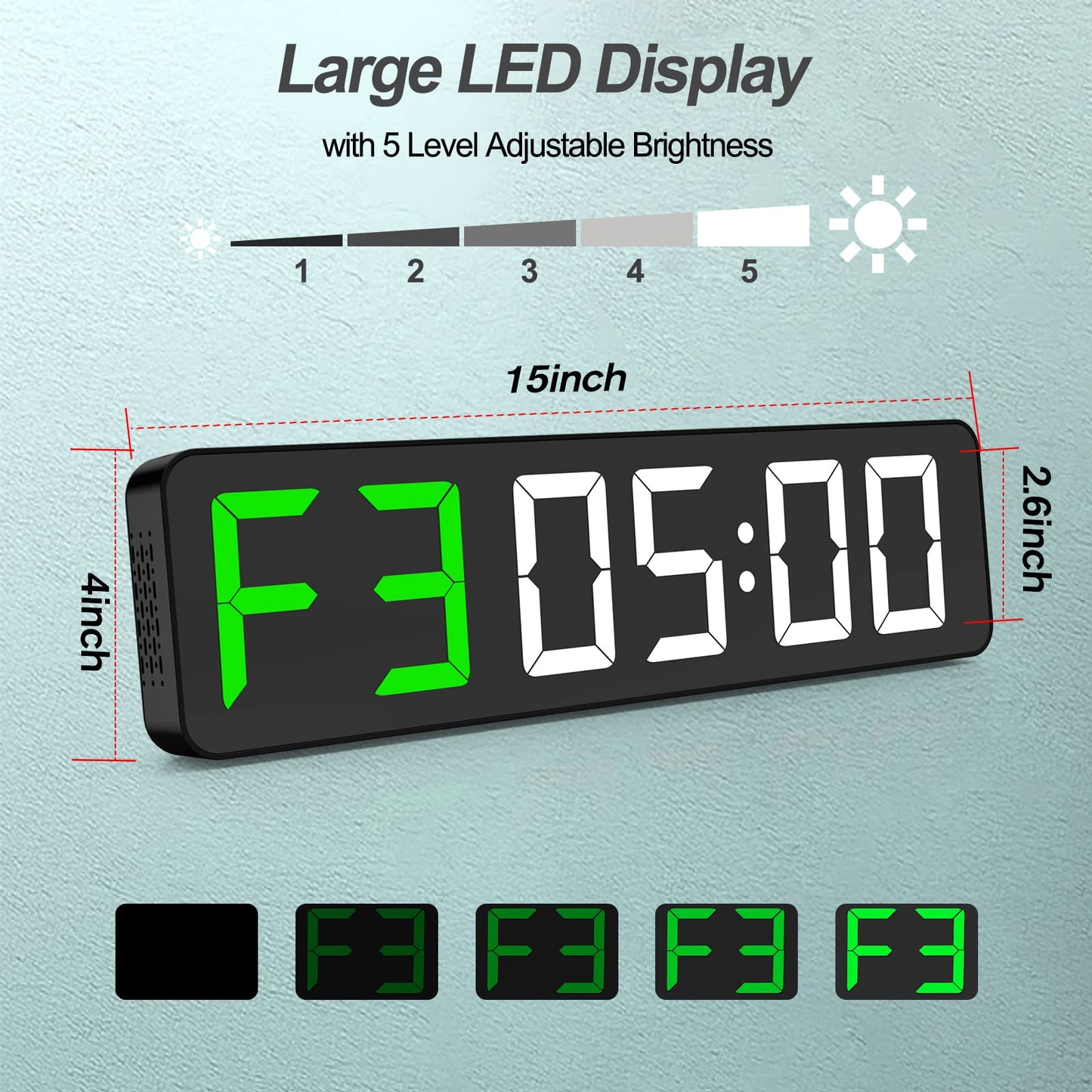 ANJANK Gym Timer 15" Large LED Display Wall Clock, Interval Workout Countdown & Up Stopwatch, 12 Adjustable Volume/3 Installation Ways Digital Timer for Fitness, Home, Garage, Gym and Outdoor Sport