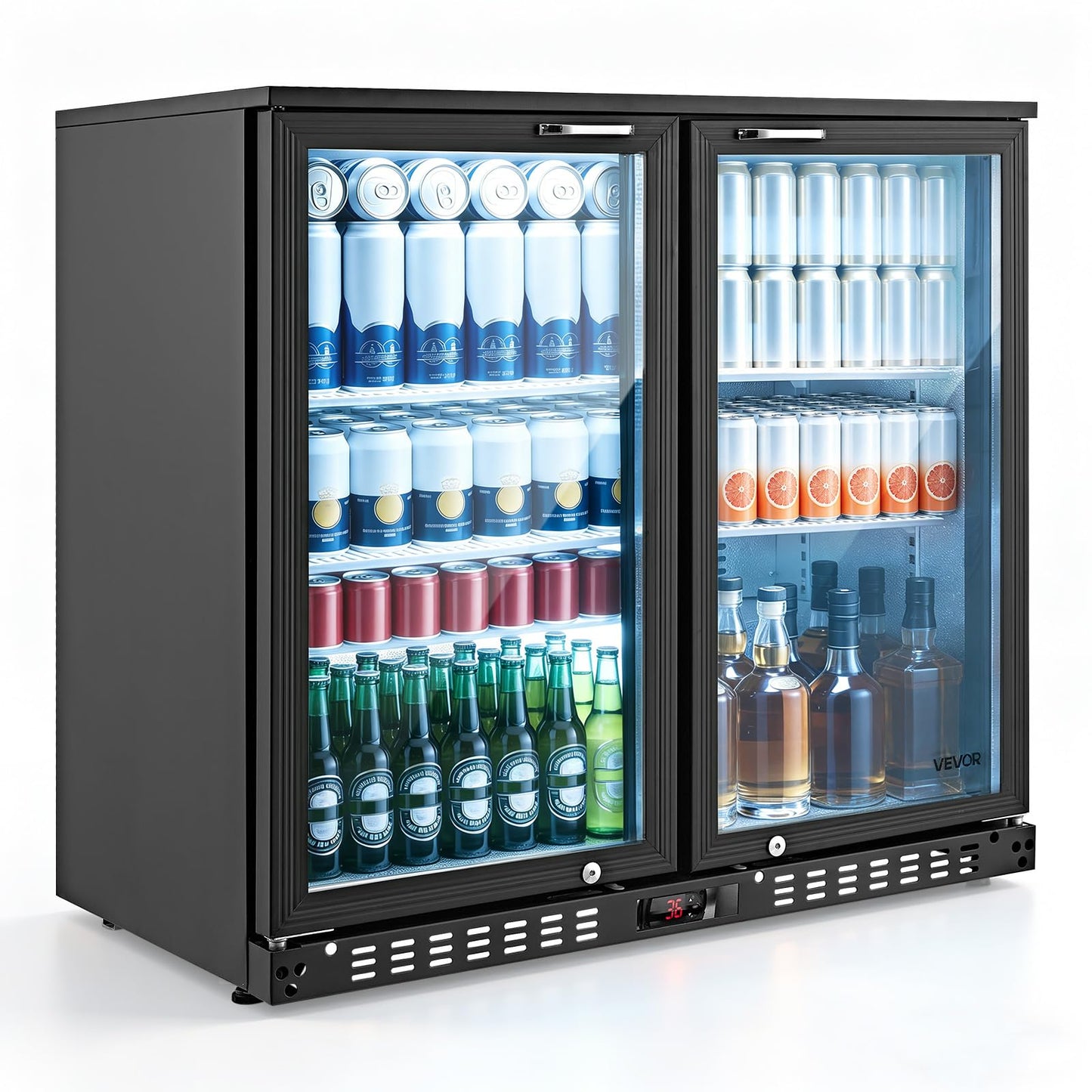 VEVOR Back Bar Cooler, 7.4 Cu. Ft Commercial Beverage Refrigerator, Under Counter Bar Fridge with 2 Glass Doors, LED Lighting, Shelves, Low-E Glass Display Cooler for Beer, Soda, Wine, Drinks