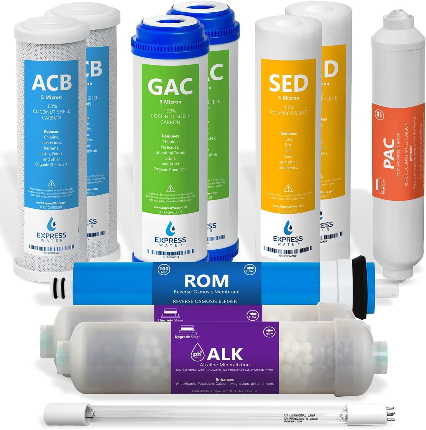 Express Water – 1 Year Reverse Osmosis System Filter Set – 11 Filters with 100 GPD RO Membrane, Carbon GAC ACB PAC, Sediment SED, Alkaline, and UV Filters – 10 inch Size Replacement Water Filters