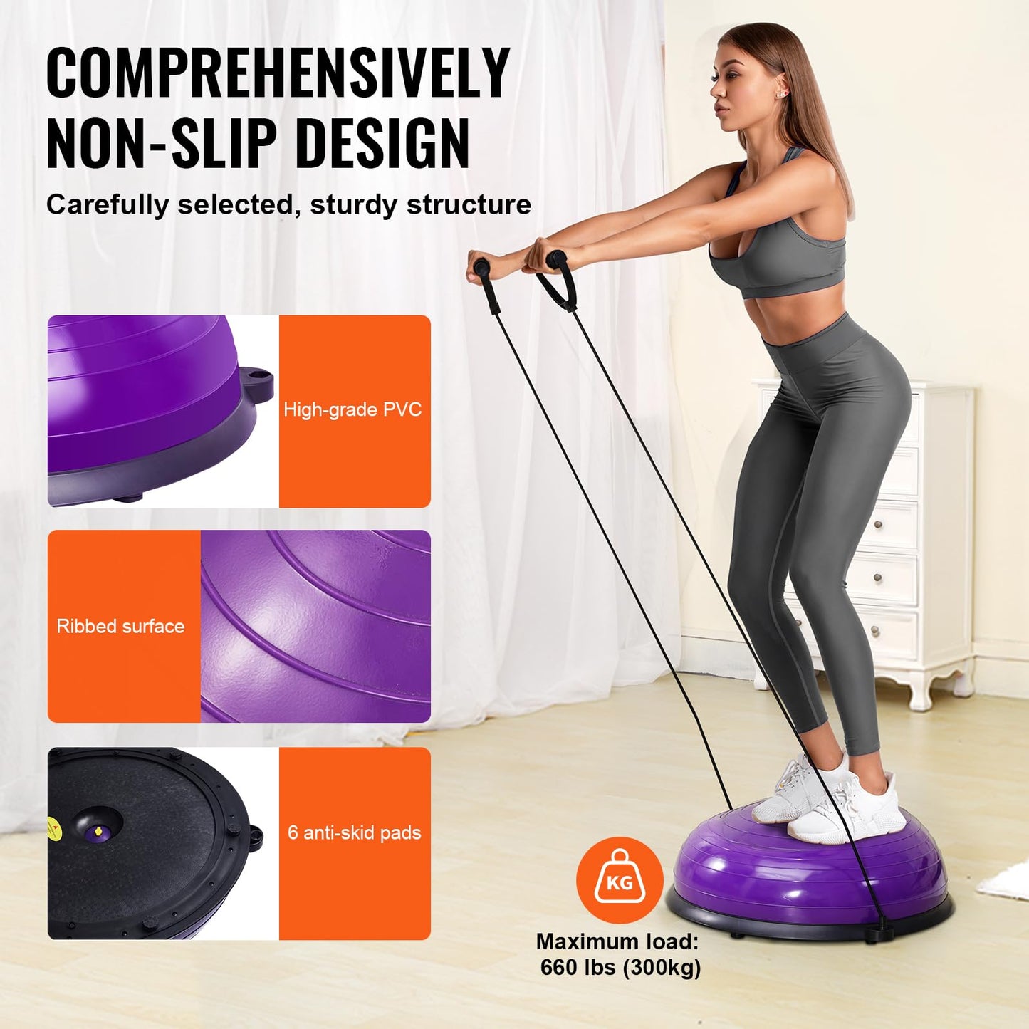VEVOR 23-inch Half Exercise Ball Trainer, 660 lbs Capacity Balance Ball, Includes Resistance Bands and Pump, Ideal for Full Body Workouts, Yoga, and Strength Training at Home Gym, Purple
