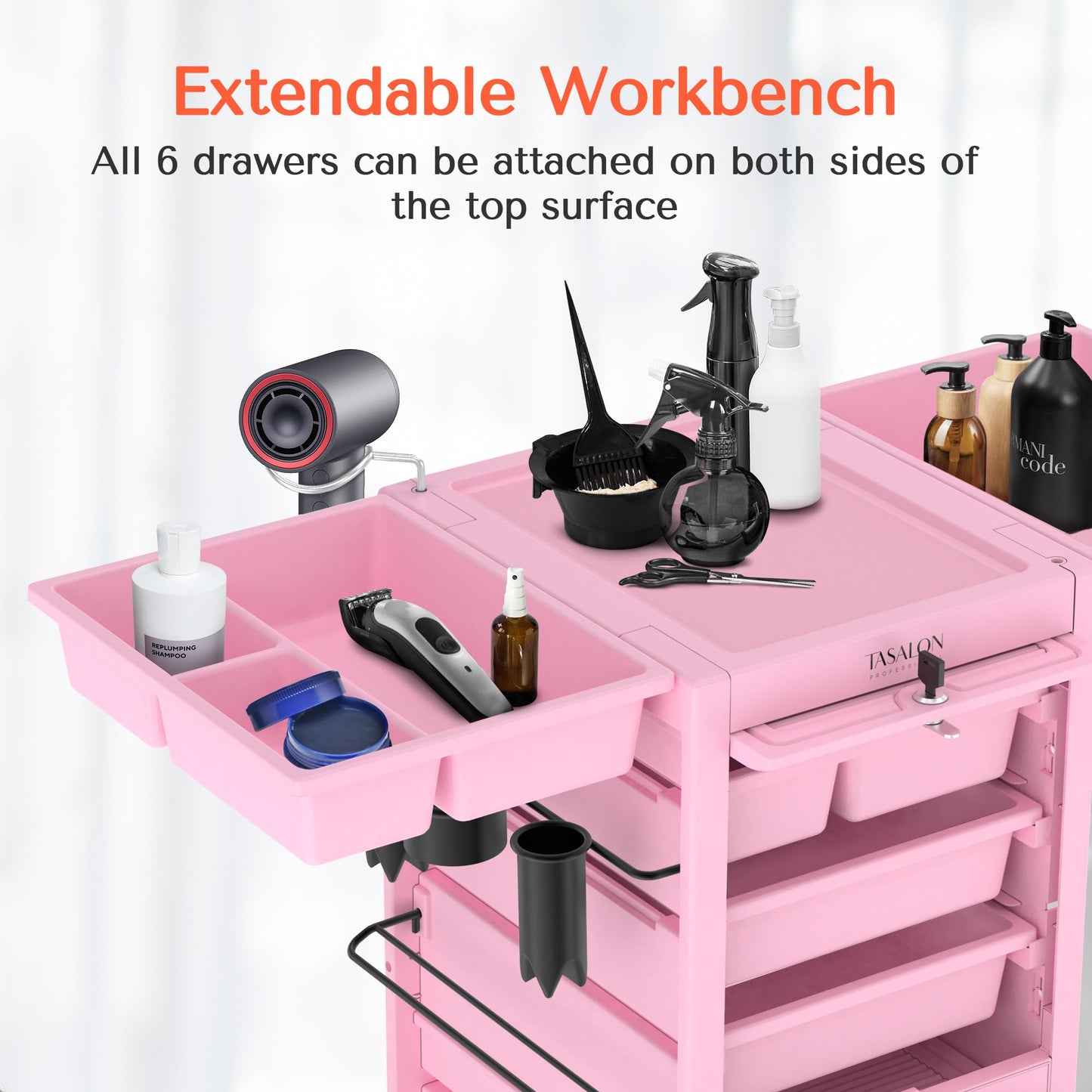 TASALON Pink Lockable Salon Cart with Wheels, Beauty Salon Station Trolley with 6 Drawers & Heat-Resistant Tool Holders, Rolling Barber Organizer for Hair Stylist, Spa & Tattoo Studio