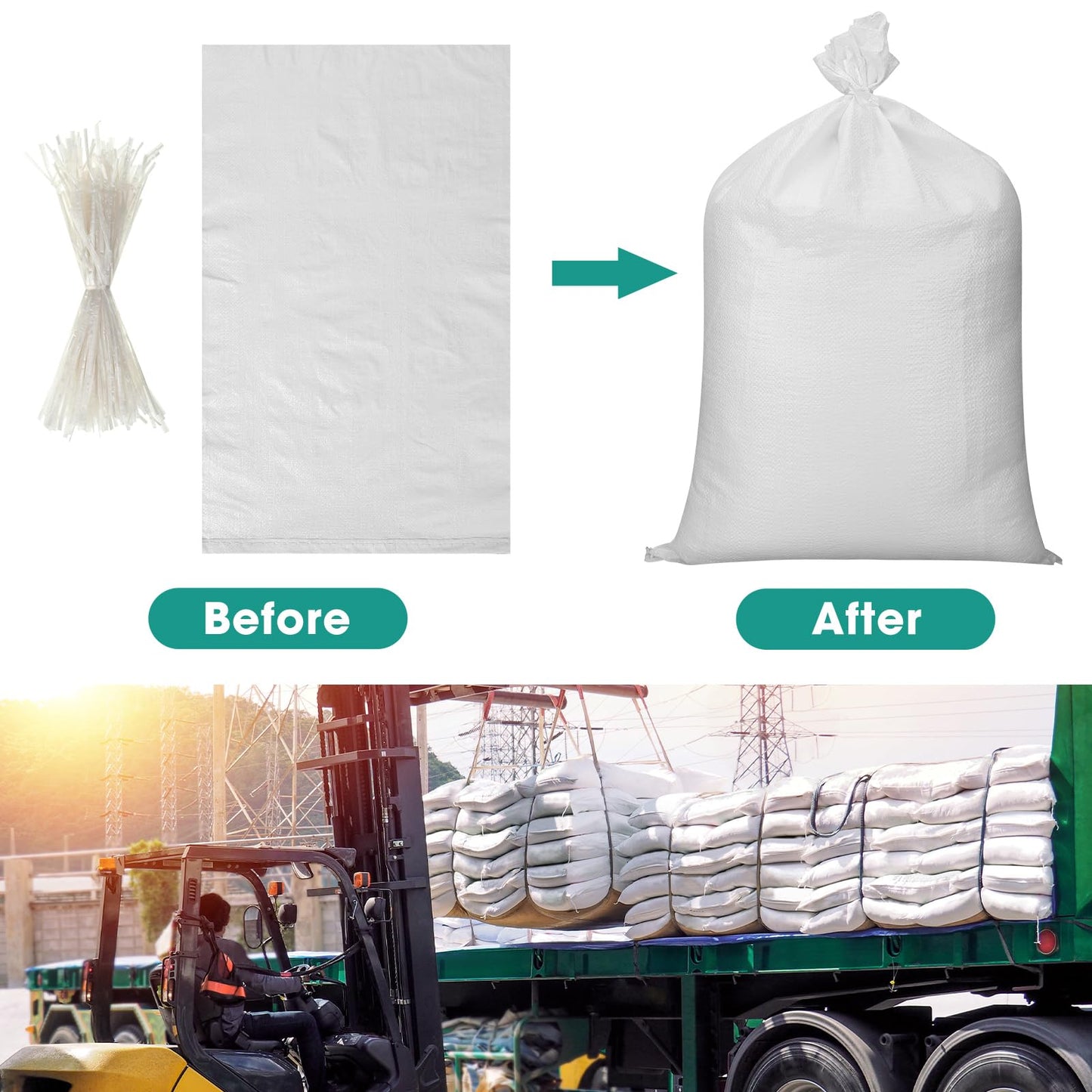 Windyun 200 Pcs White Empty Sandbags with Ties 18 x 30 Inch White Woven Polypropylene Sand Bags Bulk, Heavy Duty Sand Bags Flood Water Barrier for Hurricane Flooding, Construction