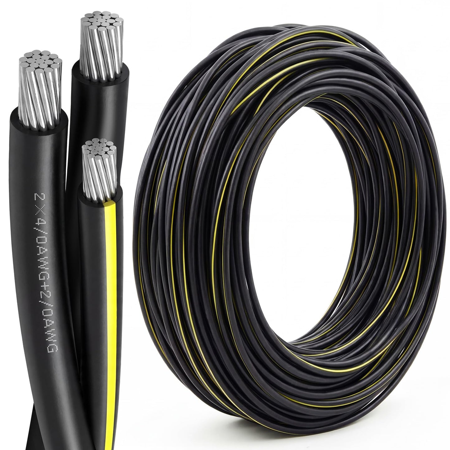 BreezeHug 100Ft 4/0-4/0-2/0 Aluminum URD Direct Burial Cable, 3-Conductor 600V, 19-Strand, XLPE Insulation Service Cable, Direct Burial Wire for Outdoor& Conduit