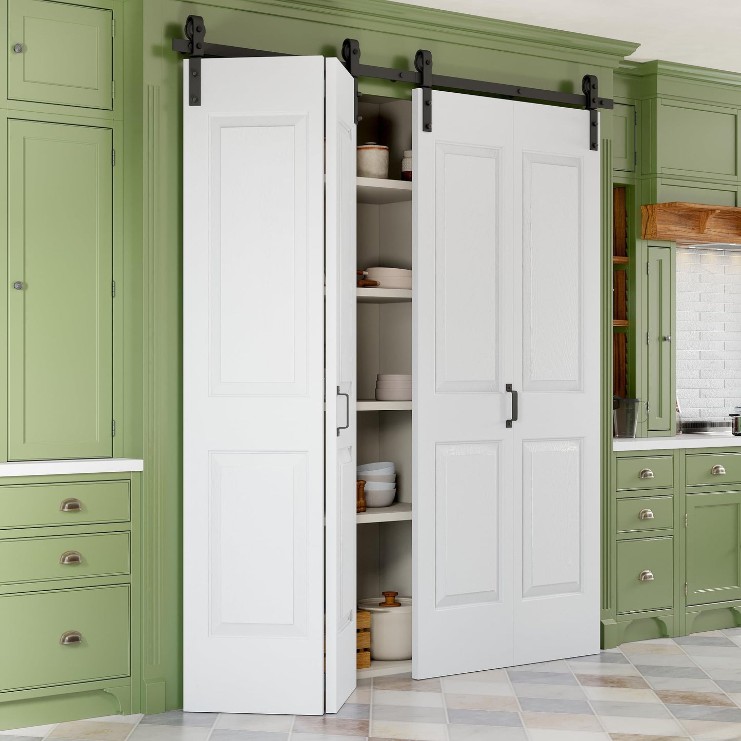 72" x 84" Paintable Bifold Barn Door, No Assembly Required, 4 Panels Bi Fold Sliding Closet Doors with Hardware Kit Included, 80" Track Kit for 4 Doors, Pre-Drilled Holes, White