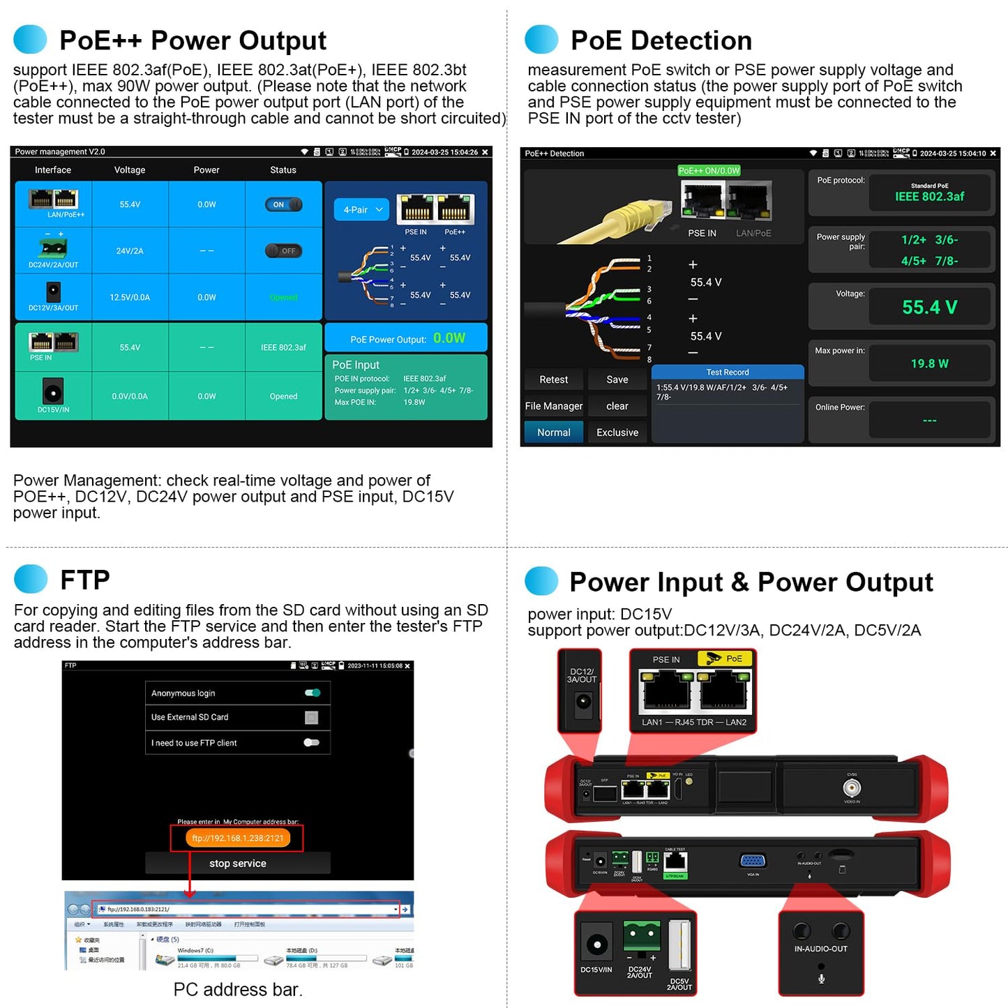4K 12MP IP Camera Tester, WANLUTECH IPC Tester 90W PoE Power Output 8'' Touchscreen CCTV Test SFP Optical Fiber Module Port RJ45 Cable TDR Test HDMI VGA Input WiFi Network Tools (E88)