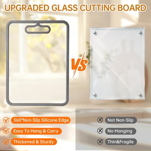 FYCTIO Glass Cutting Board for Kitchen, 2Pcs Tempered Glass Chopping Board with Non-Slip Edges, Dishwasher Safe Clear Cutting Board Set for Countertop, Heat & Shatter Resistant, Gray 15"×11" & 13"×9"