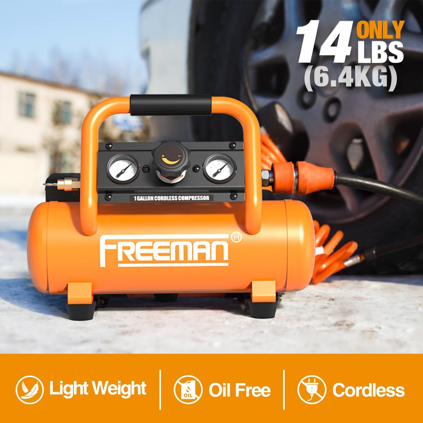 Freeman F20 20V Cordless 1-Gallon Air Compressor with 4.0Ah Battery & Charger | 1/3 HP, 700 Shots Per Charge | Portable, Oil-Free, for Nailers & Tire Inflation | PE20V1GCK