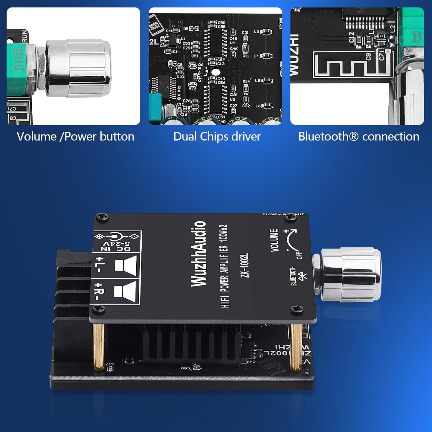 ZK-1002L 200W 2.0 5-24V Audio Power Amplifier Board with Bluetooth and AUX Inputs, Channel Stereo Mini Power Amplifier