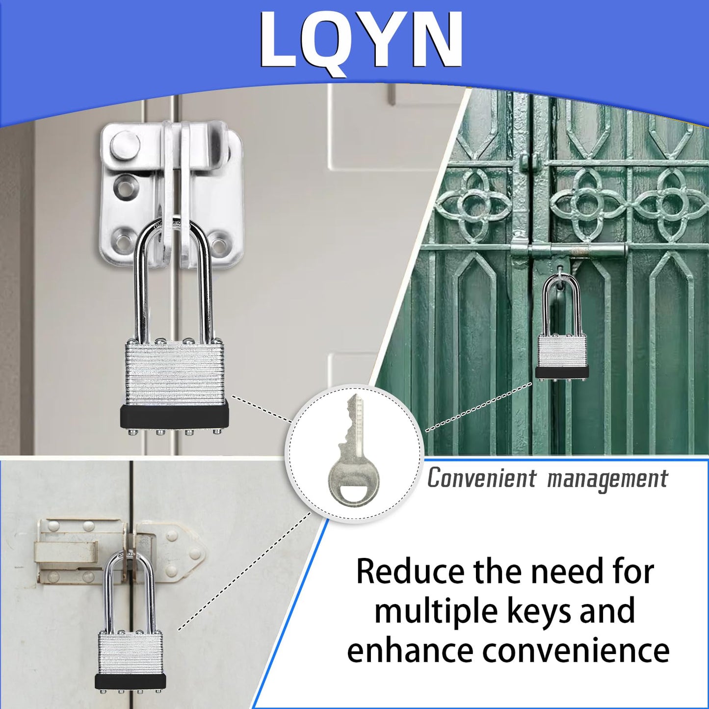 Padlocks with Same Key, LQYN 100 Pcs Laminated Keyed Padlock (1-9/16", 40mm), Keyed Alike Locks, Long Shackle, for Storage Locker, Hasp Latch, Toolbox, Sheds