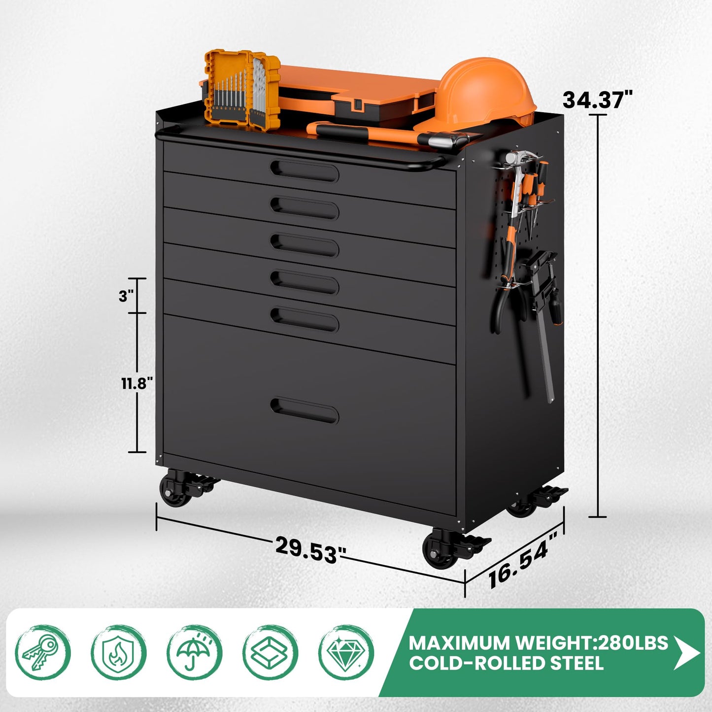 VIYET Garage Storage Cabinet,6 Drawer Metal Rolling Tool Cabinet with 2 Pegboard and 10 Hook,Heavy Duty Mechanics Tool Chest Storage for Workshop, Basement,Warehouse,Include Workbench Liner,Black