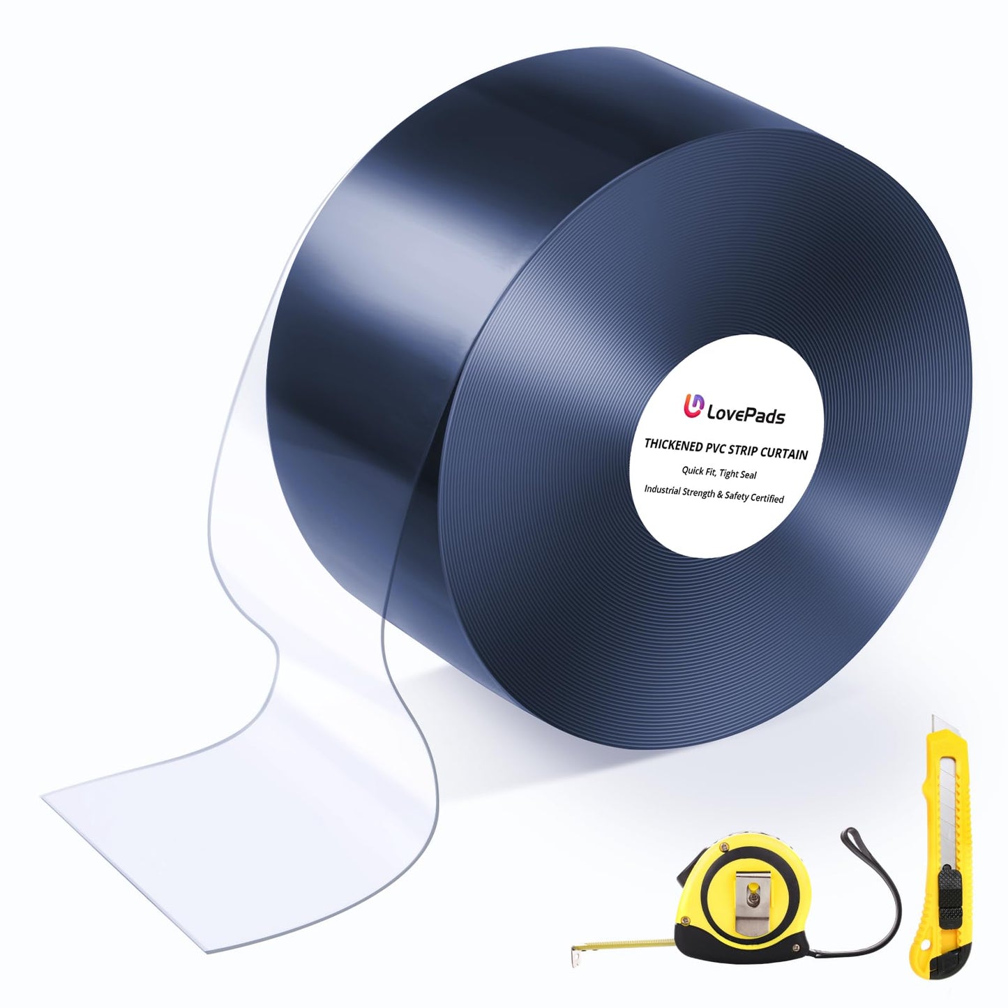 LovePads Clear PVC Strip Door Curtain with Knife & Tape Measure - Plastic Walk in Cooler Curtains, Thermal Freezer Cover for Commercial Warehouse & Garage, 12" x 50' Bulk Roll