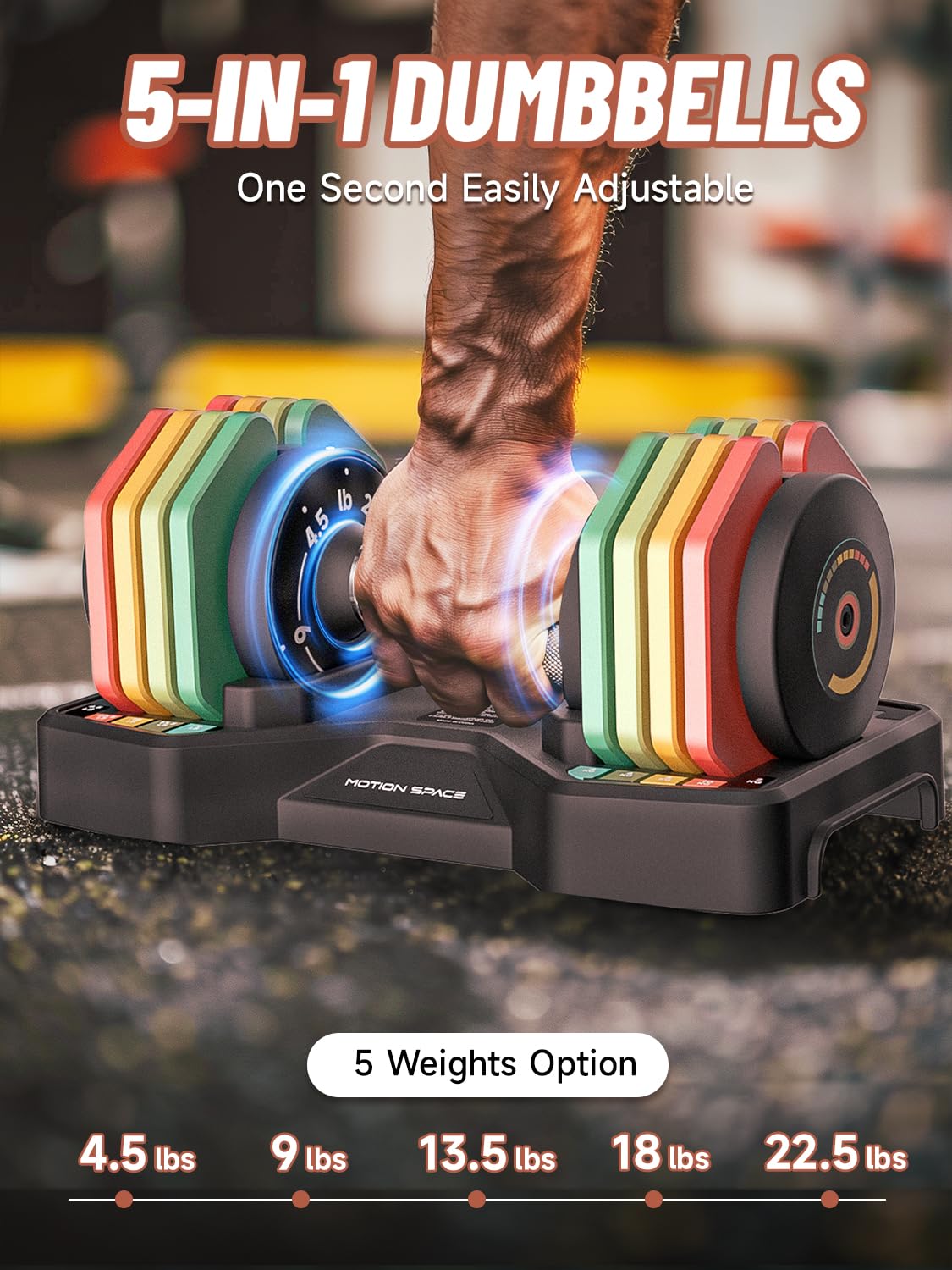 Adjustable Dumbbells Set 22.5LB Pair, 1-Sec Fast Adjustable 5 Free Weights, Premium Comfort Non-slip Metal Handle, Compact Size for Full Body Home Workout (Rainbow)