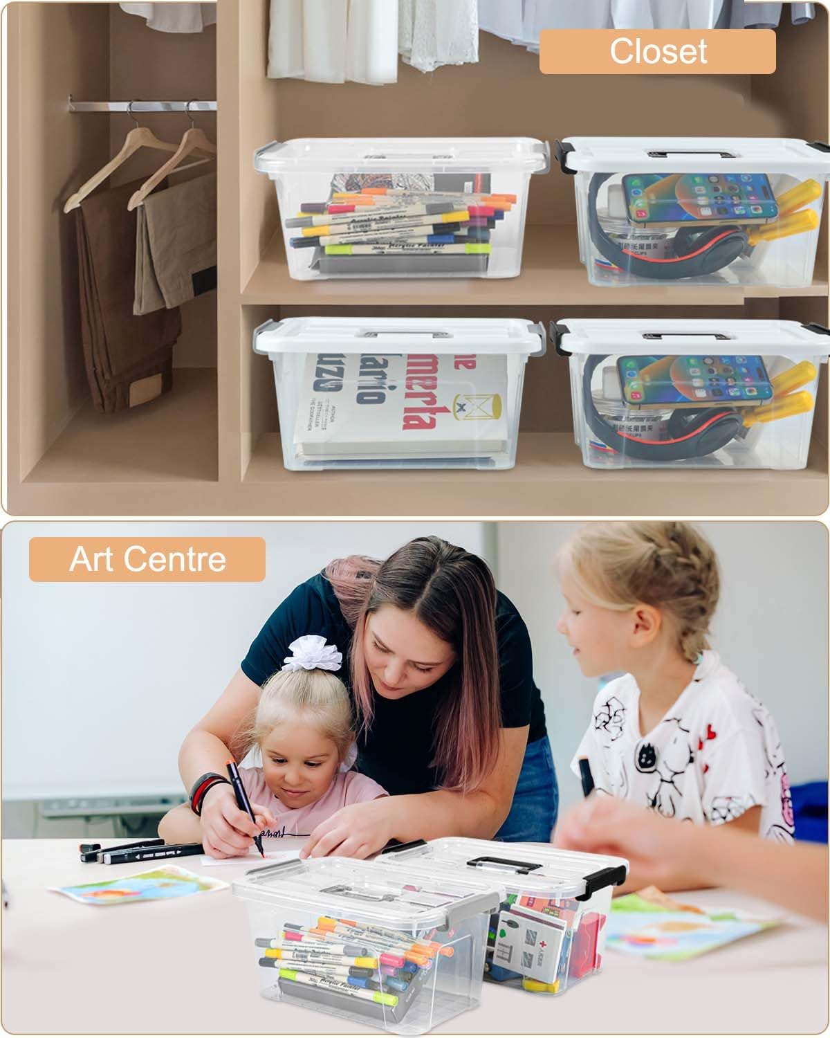 NUMIFUN Plastic Storage Bins - 7 Quart Stackable Organizer with Lids & Buckle-Up Latches | 6 Pack for Home & Office