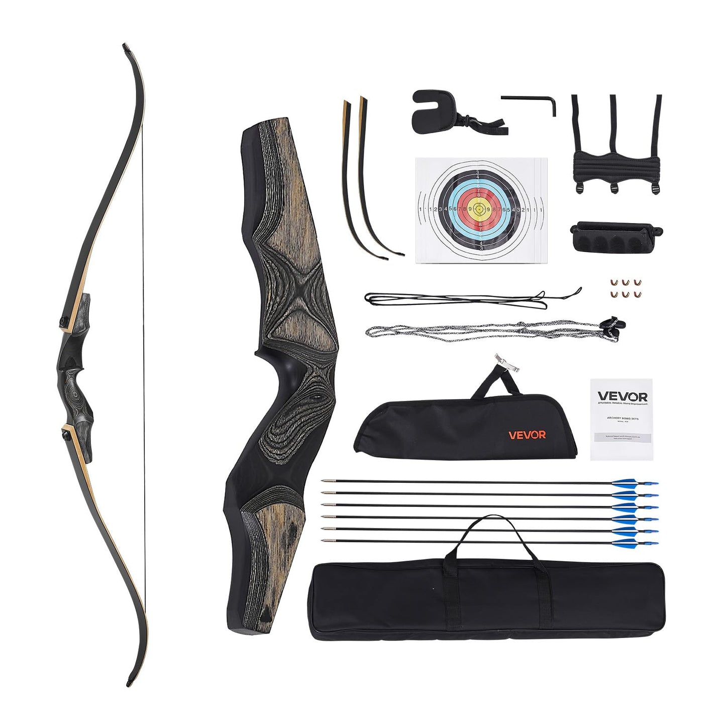 VEVOR Recurve Bow and Arrows Kit, 60 inch Wooden Takedown Bows, Right Handed Ergonomic Archery Recurve Bow Package, Longbow for Outdoor Target Training Practice Hunting, Beginners to Advanced