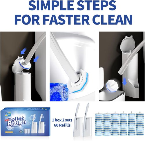 Hohoky Disposable Toilet Brush System - Wall Mounted Cleaning Kit with 60 Replacement Pads