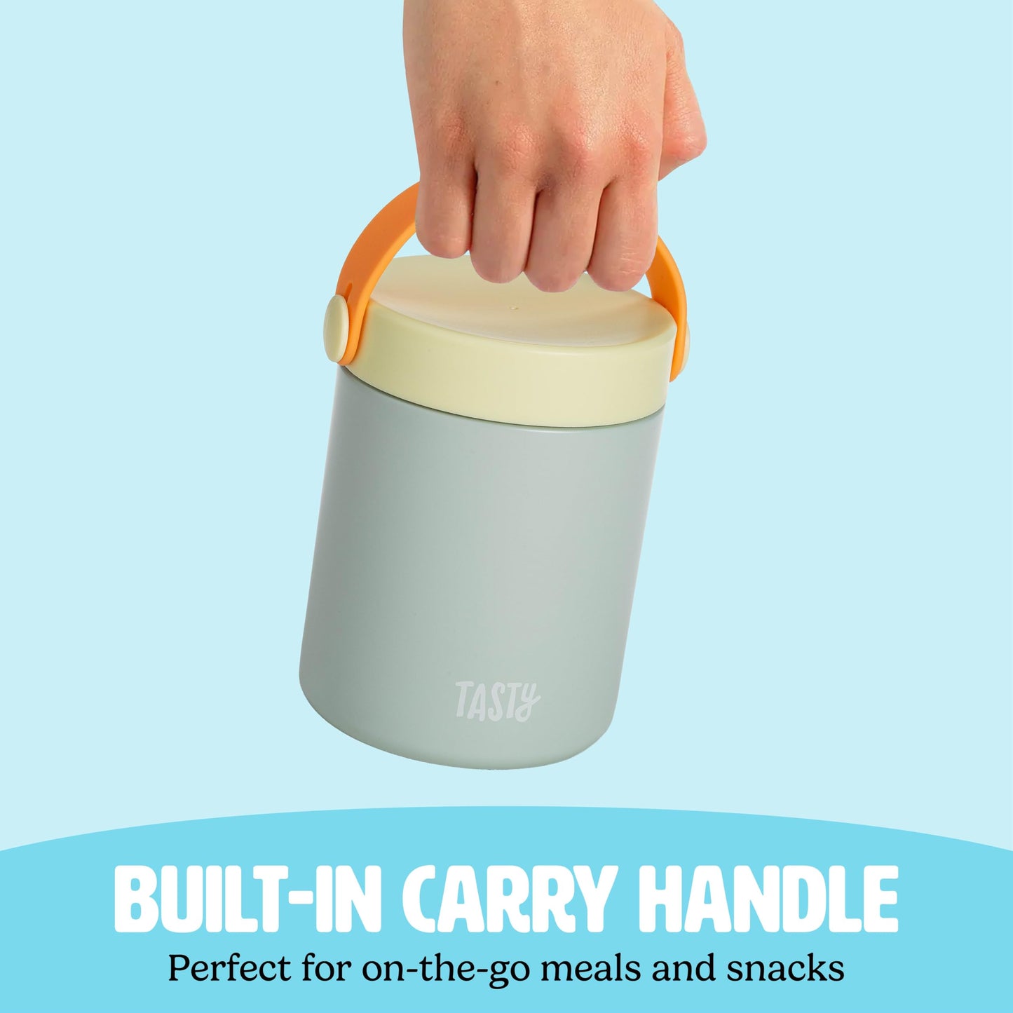 Tasty Food Jar with Folding Handle, Portable Snack Travel or Lunch Container, Stainless Steel Insulated Vacuum with Leak-Proof Lid, Keeps Food Hot or Cold for Hours, 15-Ounce, Aqua