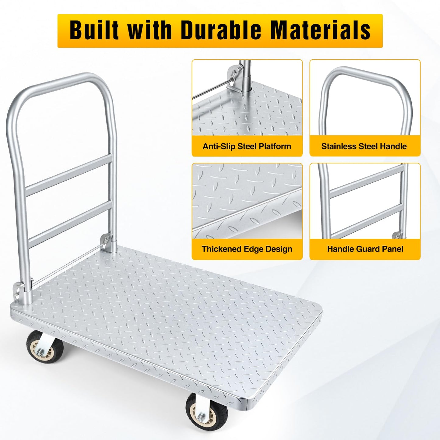 POTOLON Stainless Steel Platform Cart, 1320 lbs Capacity Heavy Duty Push Cart Dolly with 5-Inch Rubber Silent Wheels, 35.4 x 23.6 Inch Flatbed Cart for Industrial & Warehouse Use, Black