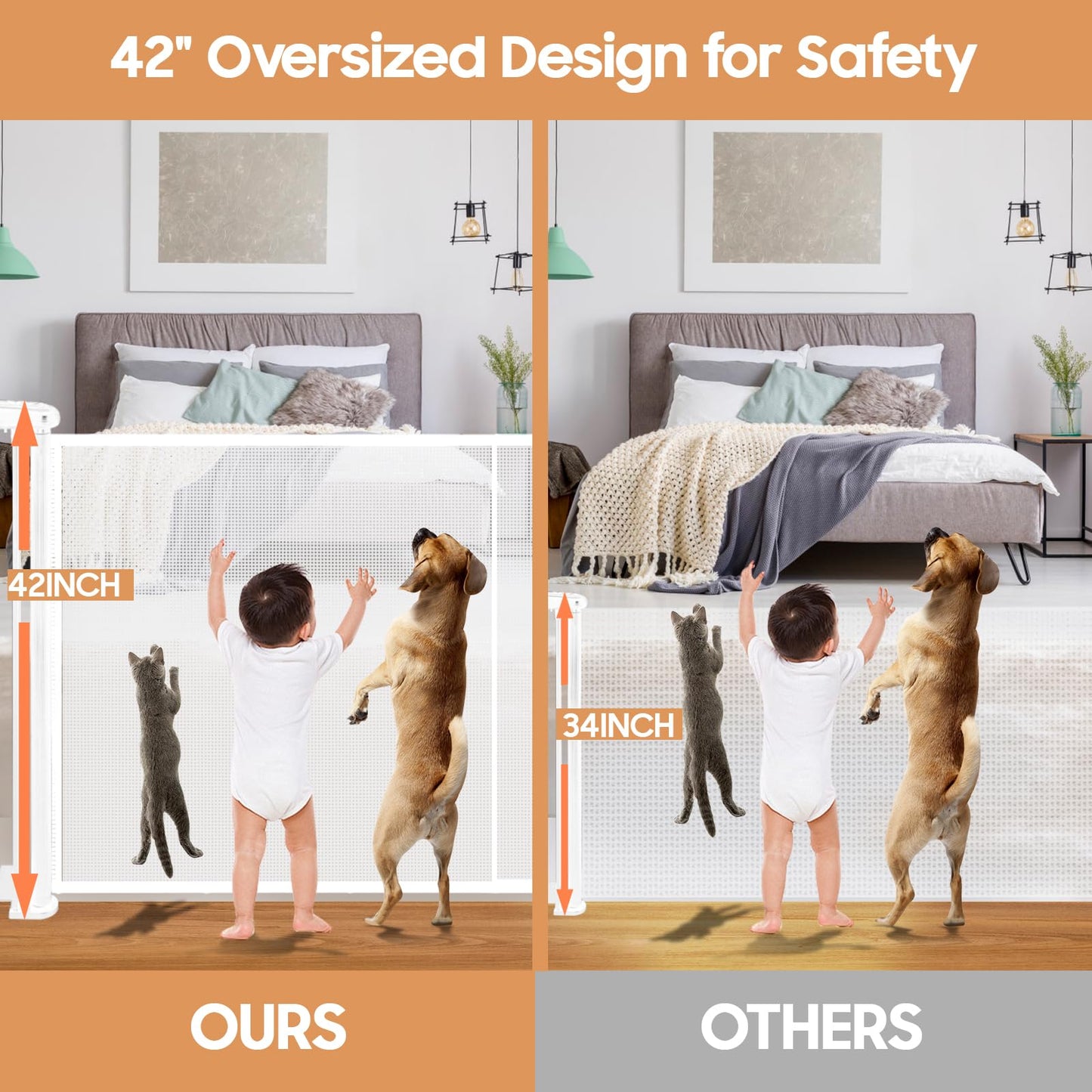 160" Retractable Baby Gates, 42" Extra Tall Upgraded Child Safety Gate with Reinforced Strip Design, Prevent from Crawling Underneath, Extra Wide Dog Gate Baby Gates for Stairs Doorways Indoor Outdoor
