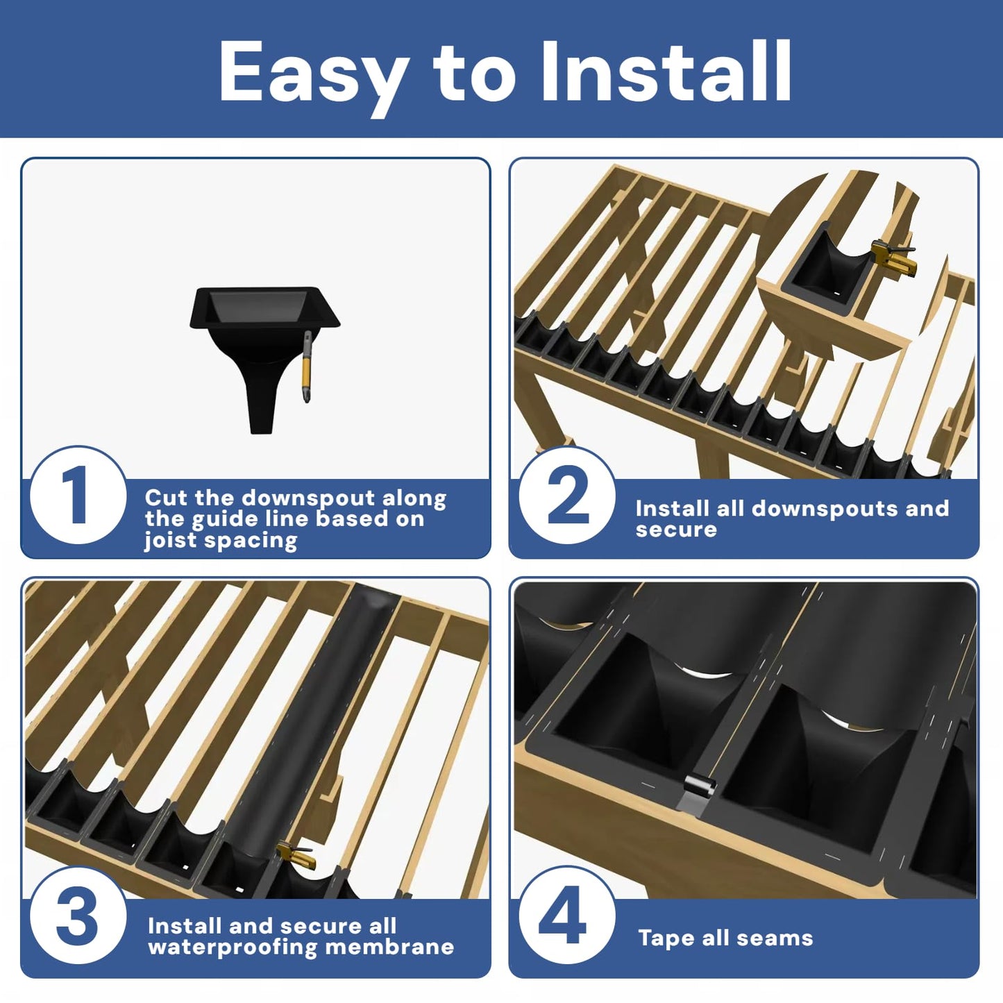 Emayuu 4PCS Black downspouts for Under Deck Drainage System, PE Deck downspouts Use for 12"&16" Joist Spacing DE01