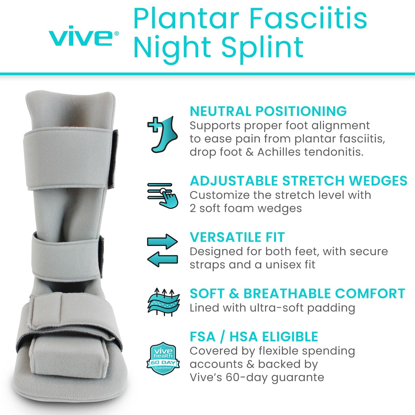 Vive Plantar Fasciitis Night Splint Plus Trigger Point Stretch Wedges - Soft Leg Brace Support, Orthopedic Sleeping Immobilizer Stretch Boot (Large: Men's: 8.5-11, Women's: 10-12)
