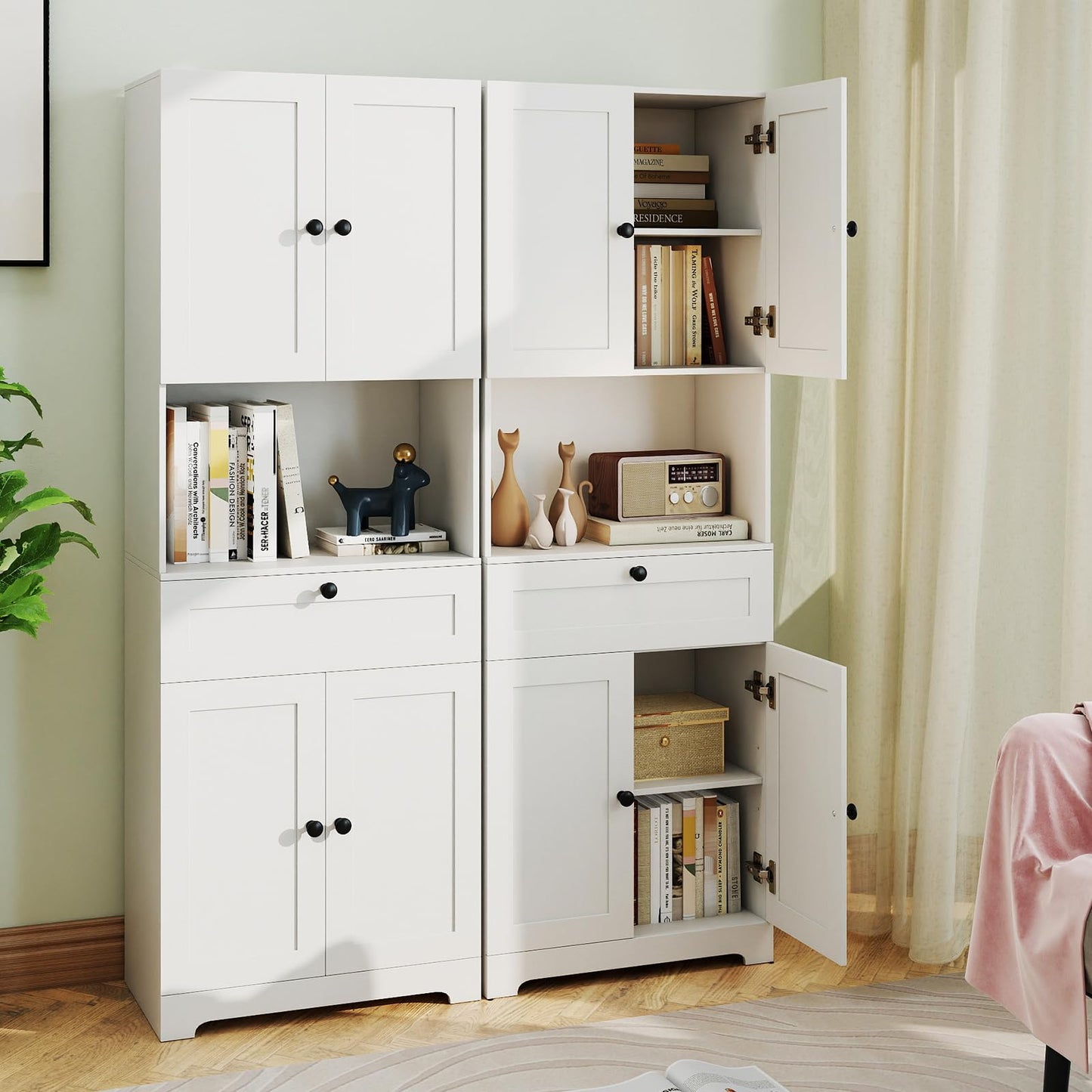 Giantex Kitchen Pantry Cabinet, 67.5" Tall Floor Storage Cabinet w/4 Doors & 1 Drawer, Modern Freestanding Bathroom Organizer w/Open Countertop & Adjustable Shelf for Dining Room, Living Room (White)