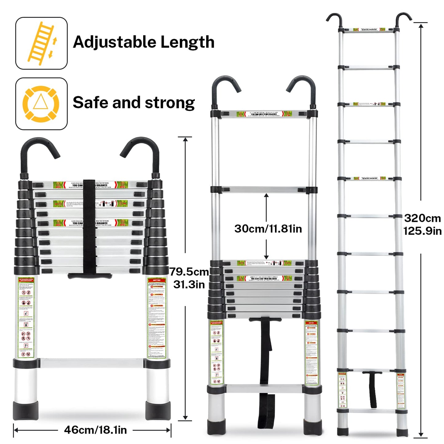 RIKADE Telescopic Ladder, 10.5 ft Aluminum Telescoping Ladder with Non-Slip Feet and Stable Hook, Portable Extension Ladder for Household and Outdoor Working, Max Load 330 lb, Aluminum