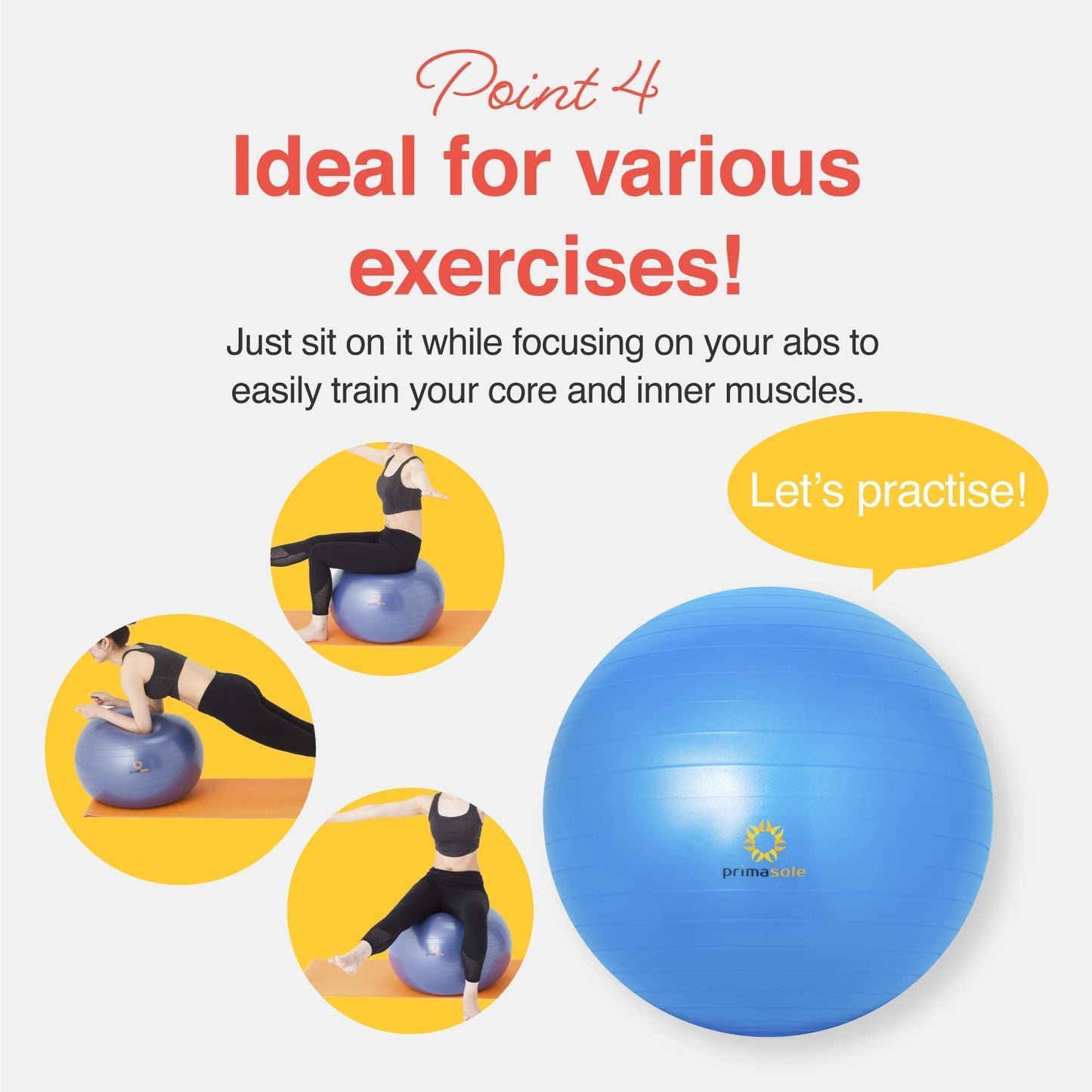 Primasole 45cm Anti-Burst Yoga Ball for Pilates, Core Strength, Pregnancy & Office Chair - Stability Ball for Home & Gym Workout (17.7 Inch, Blue)‌