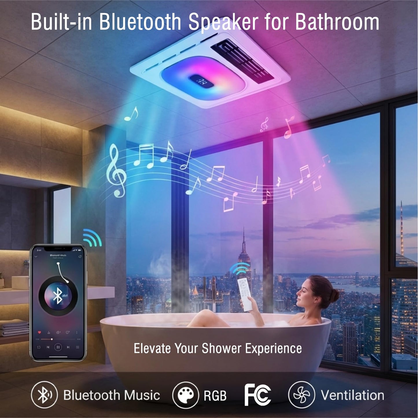 ScaleBelly Smart 5-in-1 Bathroom Exhaust Fan with Light, 180 CFM, 1.0 Sone Quiet Vent Fan, 7 LED Colors & Nightlight, Heater, Bluetooth Speaker & Remote Control for Heating, Ventilation, and Music