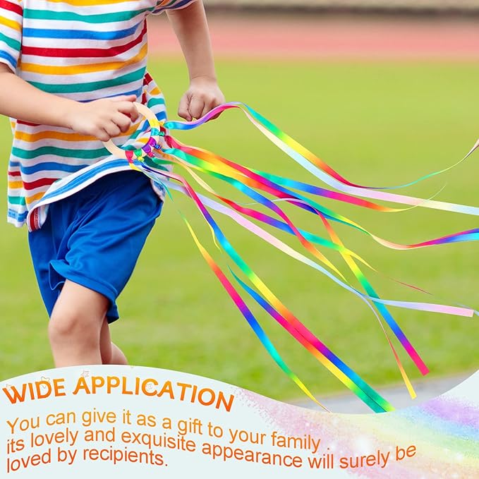 Junkin Ribbon Rings Hand Kite Waldorf Toys Dancing Wrist Ribbons Rainbow Streamers with Wood Ring Sensory Learning Educational Toy for Playroom Dancing Birthday Party Gift(Gradient,24 Pcs)