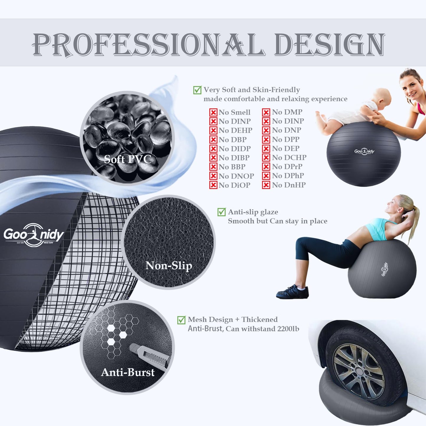 Soft Exercise Ball, Anti-Burst Pilates Yoga Ball Chair Supports 2200lb, Workout Equipment w/ Pump for Women Pregnancy, Medicine, Birthing, Physical Therapy, Stability, Excersing, Birth, Swiss, Fitness