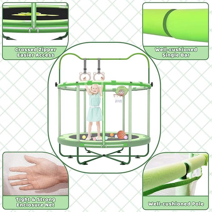 Gardenature 60" Kids Trampoline Indoor, 5ft Toddler Mini Trampoline with Basketball Hoop, Gymnastics Bar, Rings, Christmas Toys Birthday Gifts for Girls Boys Age 3-8