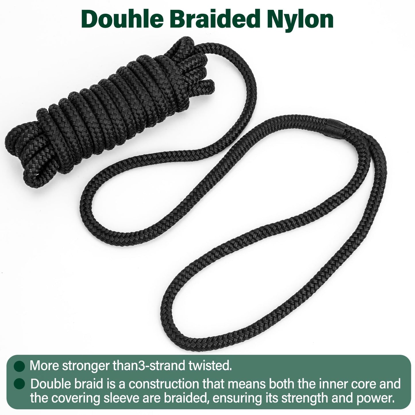 2 Pack 3/8" x 20' Boat Dock Lines for Boat & Pontoon, Premium Marine- Grade Double Braided Nylon Boat Lines, Pre-Spliced with a 12" Eyelet-Black,High Strength,Easy Handling,Boating Gifts for Men.