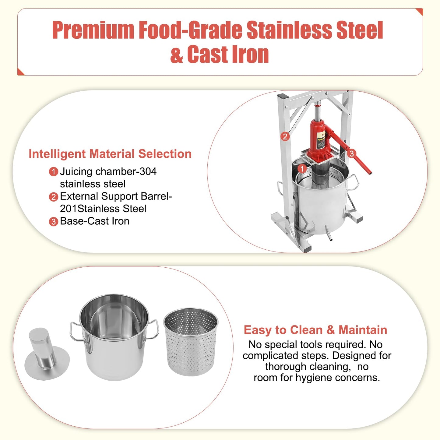 Fruit Press, 3.2 Gallon Food Grade Stainless Steel Cider Press with Hydraulic Jack Manual Grape Wine Making Supplies and Equipment Fruit Crusher for Home, Restaurants