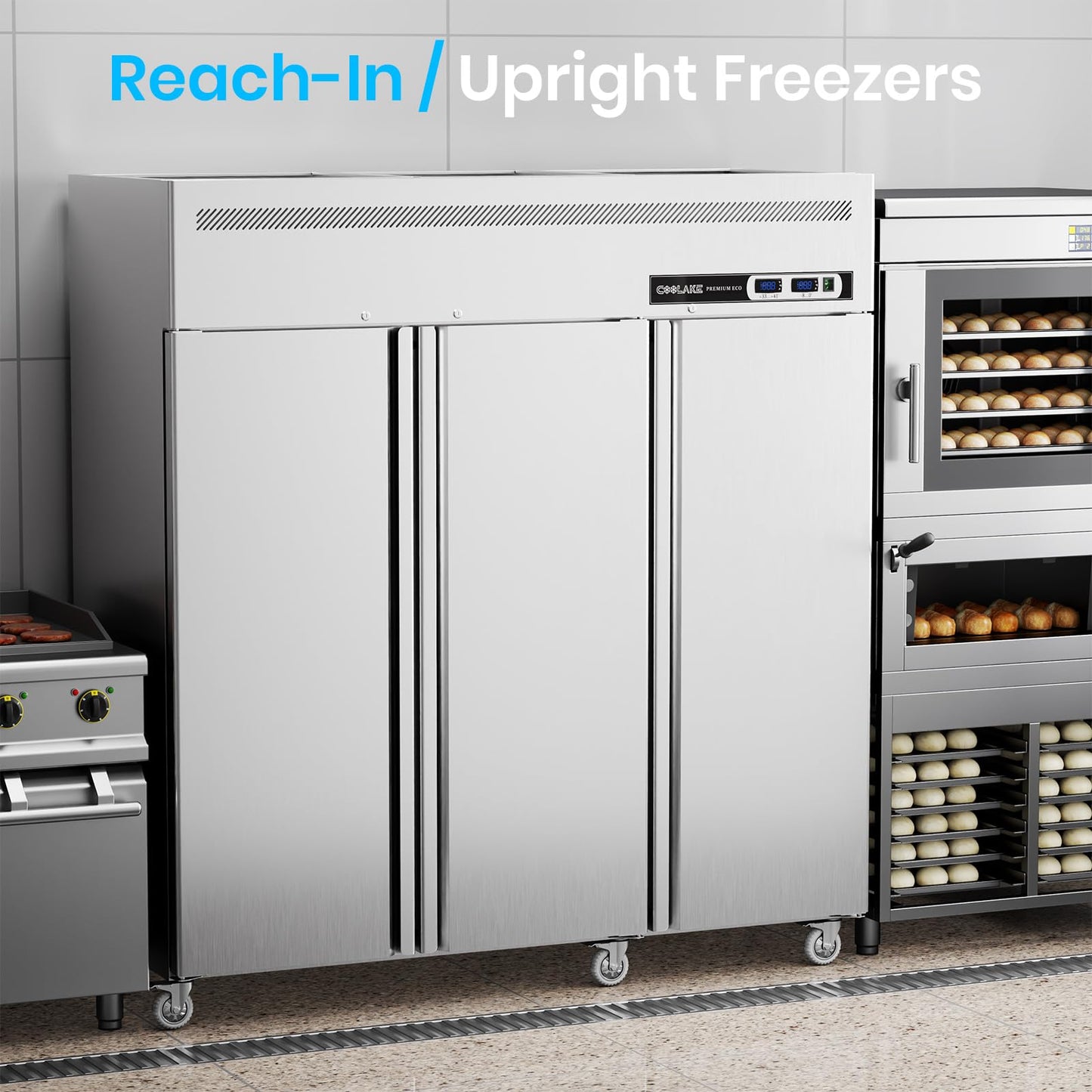 Coolake Commercial Freezer Refrigerator Combo, 72” W 54 Cu.ft Upright Freezer, 3 Door Stainless Steel, Air-Cooled System Reach in Freezer for Restaurant, Bar, Kitchen, Garage, School, Church