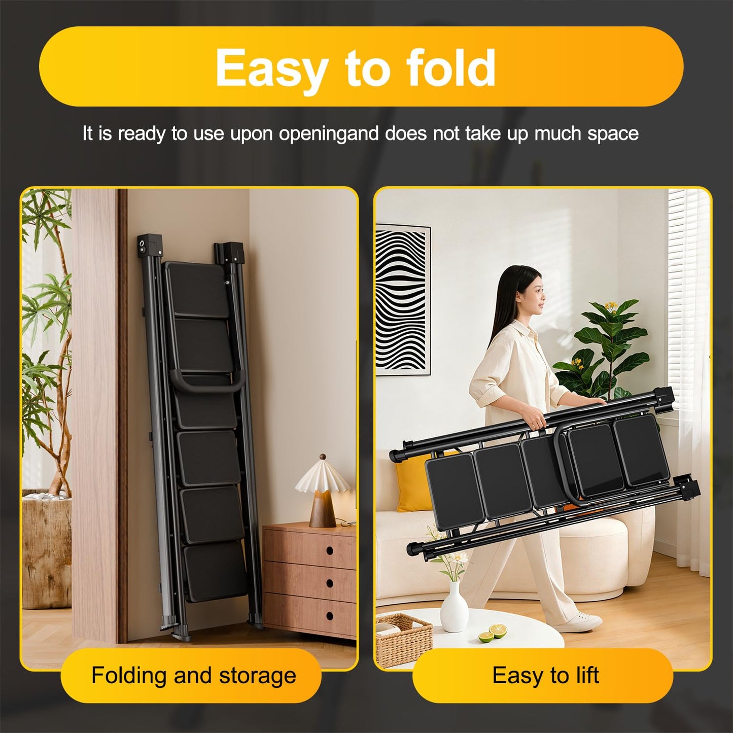 7 Step Ladder, Retractable Handgrip Folding Step Stool with Anti-Slip Wide Pedal, Carbon Steel Step Stool Ladders for Adult,Safety Household Ladder for Kitchen,Home,Office&Garage