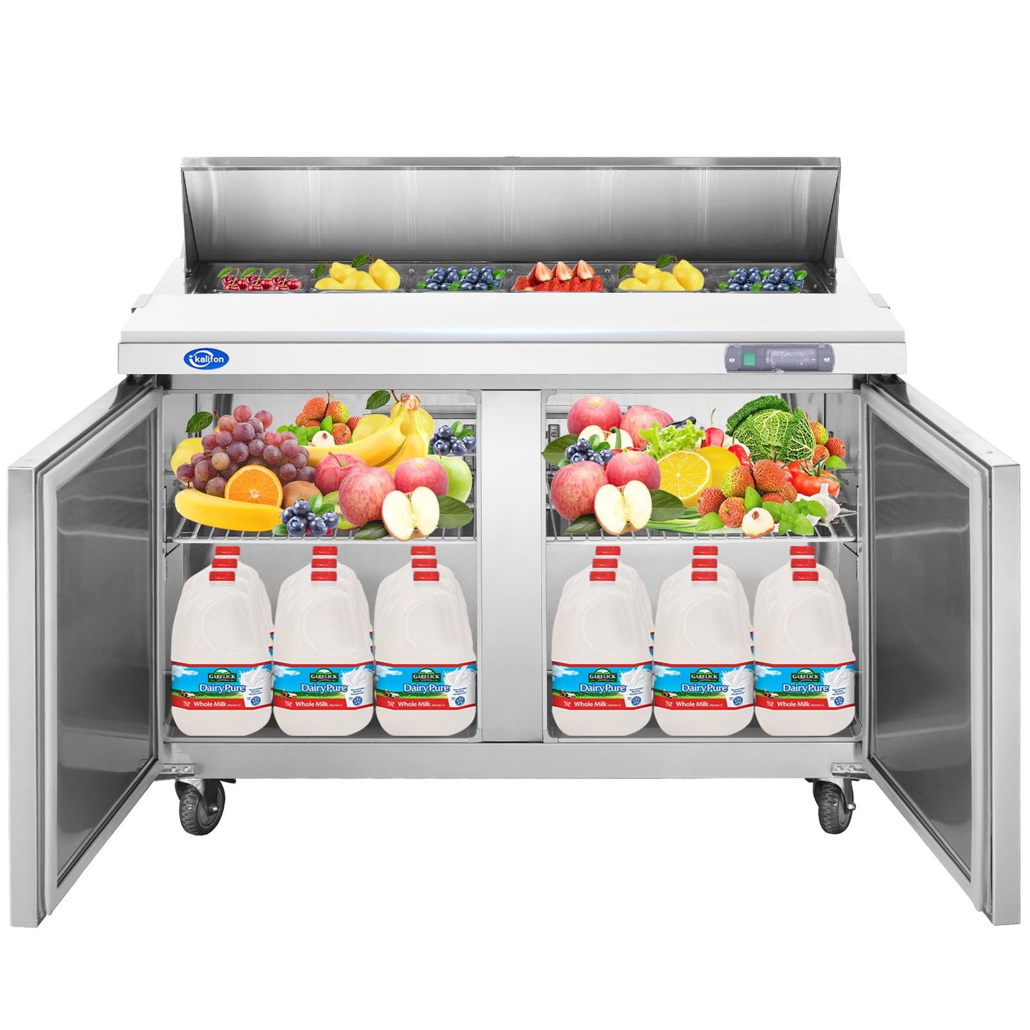 kalifon 60" W 2 Door Refrigerator Sandwich Salad Prep Table Commercial Stainless Steel Fan Cooling Refrigerator with Cutting Board, 2 Shelves & 16 Pans for Restaurant, Bar, Shop-16.4 Cu.ft