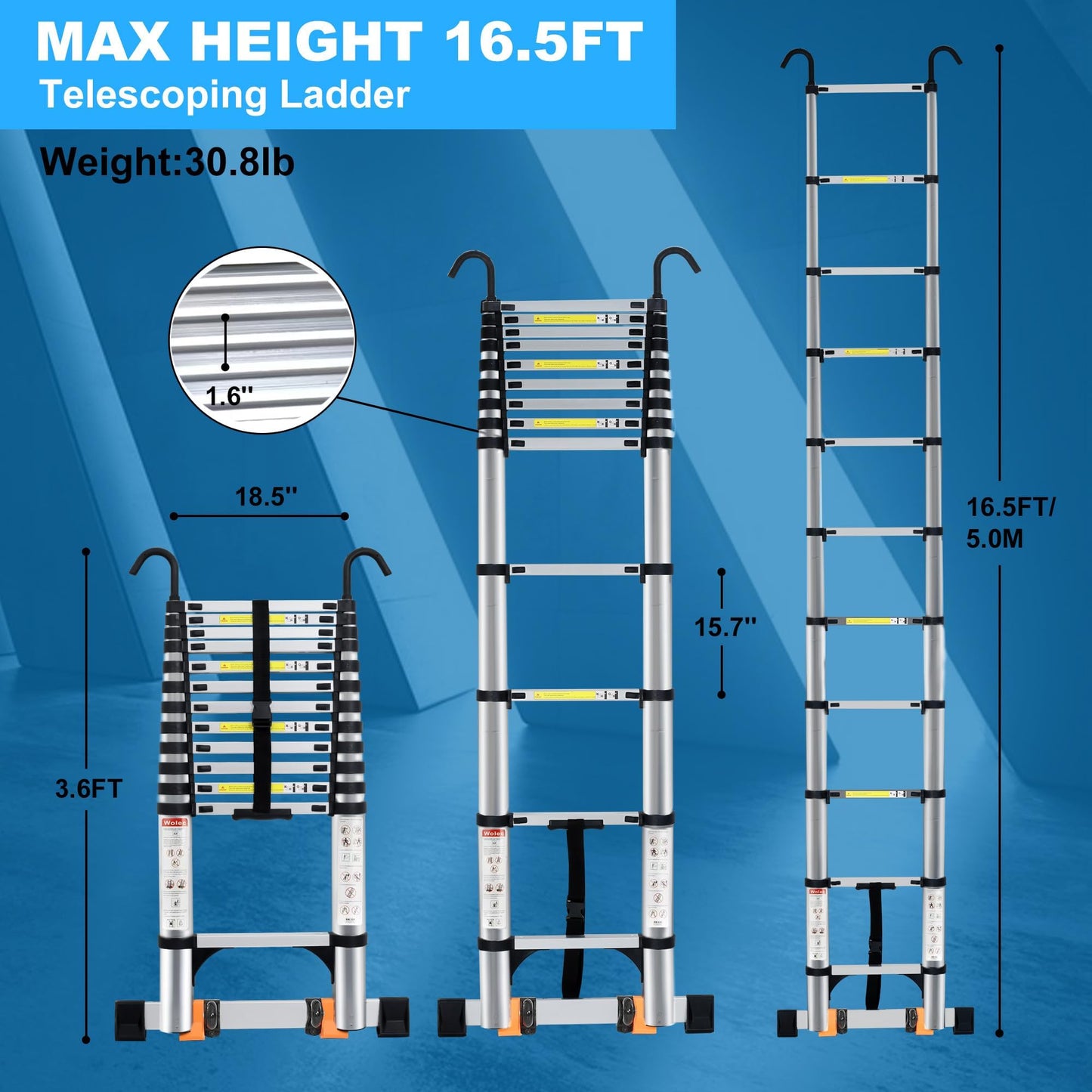 Wolec 16.5 FT Telescoping Ladder with Hooks, Adjustable Multi-Purpose Collapsible Extension with Stabilizers & Wheels, Heavy Duty 330 lbs Max Capacity, Ideal for Home and Outdoor Work,Silver