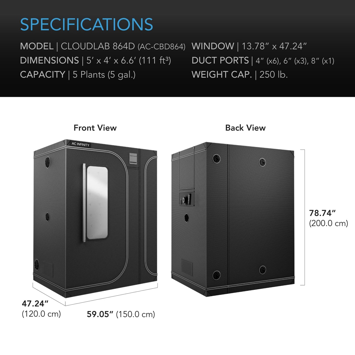 AC Infinity CLOUDLAB 864D 2-IN-1 Advance Grow Tent 5x4, Thickest 1" Poles, 2000D Mylar Canvas, Lab-Tested Highest Reflectivity, Largest Zipper Window Controller Mount Plate 60" x 48" x 80" Indoor Grow