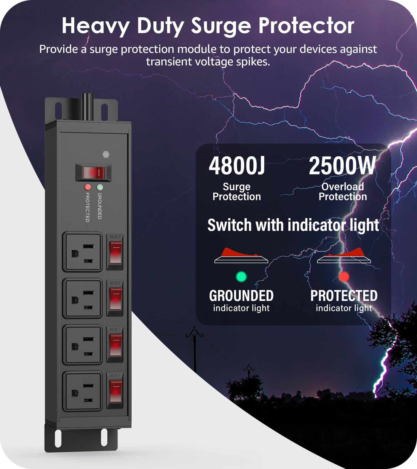 CCCEI 12 Gauge Outdoor Long Extension Cord with Multiple Outlets, 20 Amp Individual Switches Heavy Duty Surge Protector Power Strip, Garage Wall Mount Outlet Extender. 100 FT, Black.