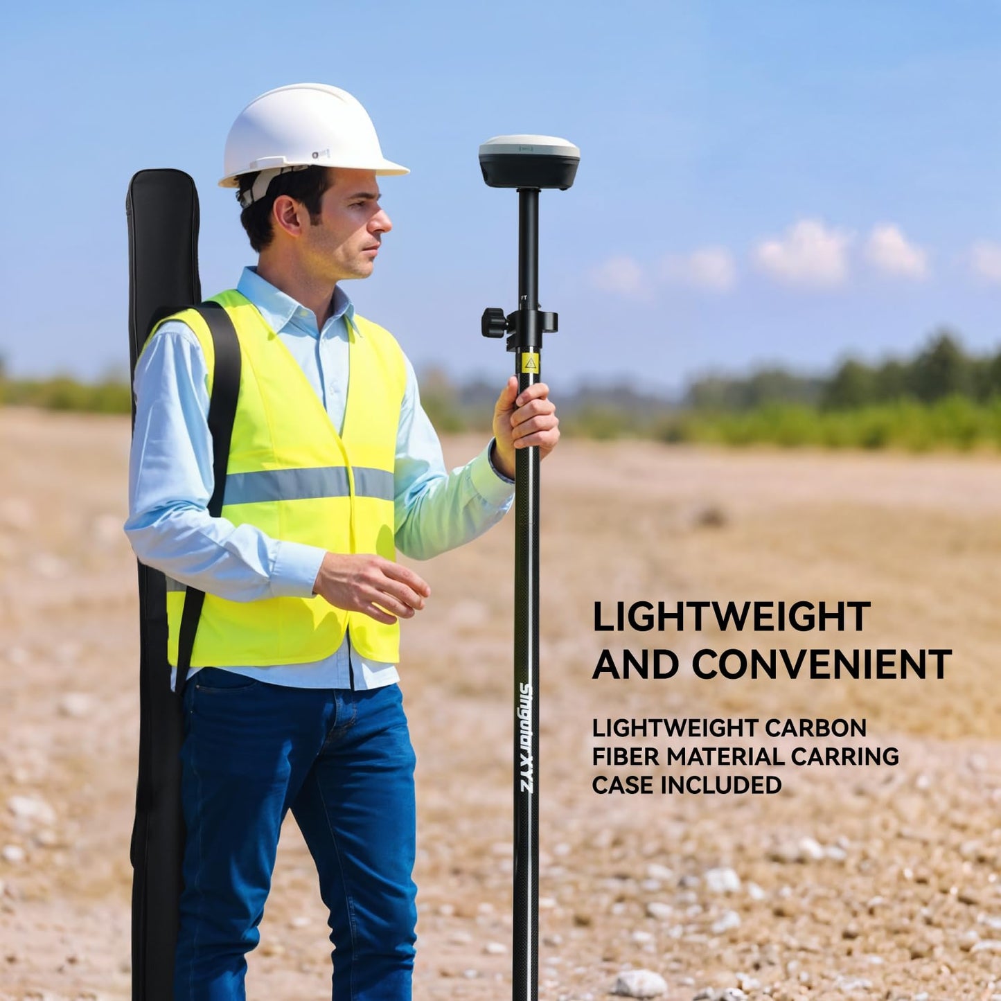 SingularXYZ Carbon Fiber & Aluminum GPS Pole – Telescopic 8.5ft/2.6m GPS Survey Pole with Screw Lock & Locking Pin, Metric-Feet Dual Scales, Bubble Level, Steel Point for RTK GNSS Surveying