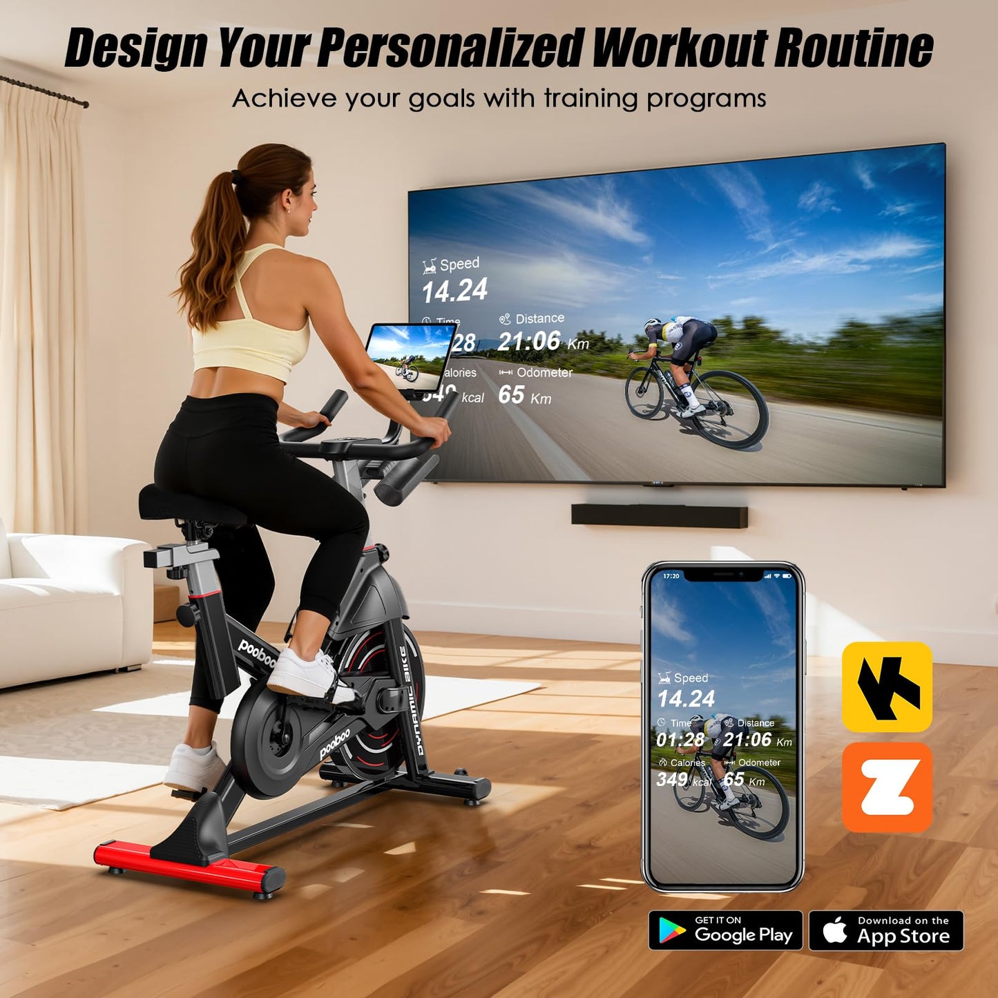 pooboo Exercise Bike,Stationary Bike for Home with Exclusive App,Magnetic Indoor Cycling Bike with 350 lb Weight Capacity,Tablet Mount,LED Display and Fitness Courses for Weight Loss,Low Noise