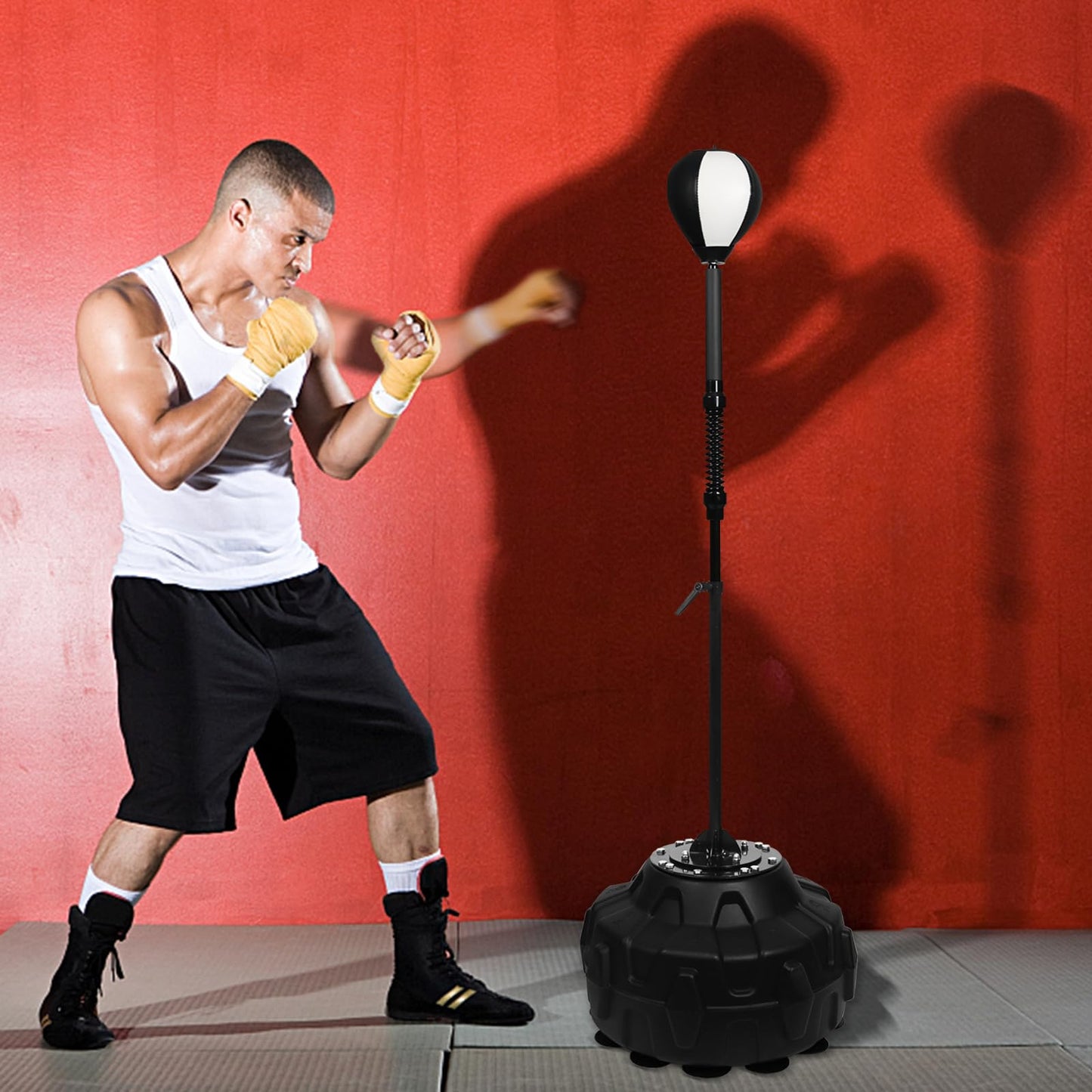 Reflex Bag Speed Bar with Stable Base - MMA High Energy Spring - Reflex Ball Free Standing Boxing Bag with Adjustable Height & Durable Stress Relief Ball for Fitness Enthusiasts (Black White)