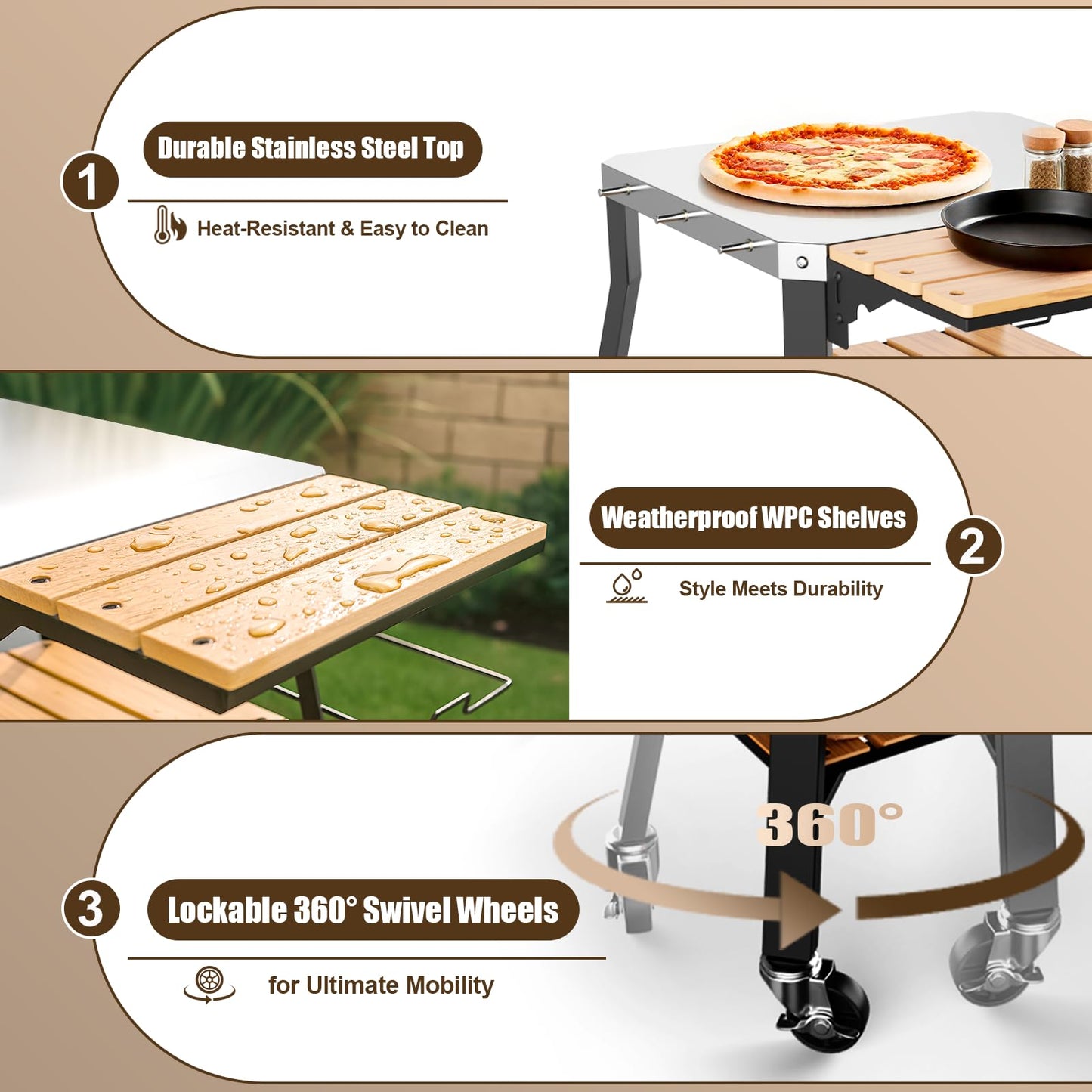 Pizza Oven Stand & Shelf for Solo Stove Pi Pizza Oven, Outrdoor XSKUNStand for Ninja Woodfire, Kitchen Table for Cooking with Stainless Steel Top, WPC Storage Shelves, Lockable 360° Swivel Wheels