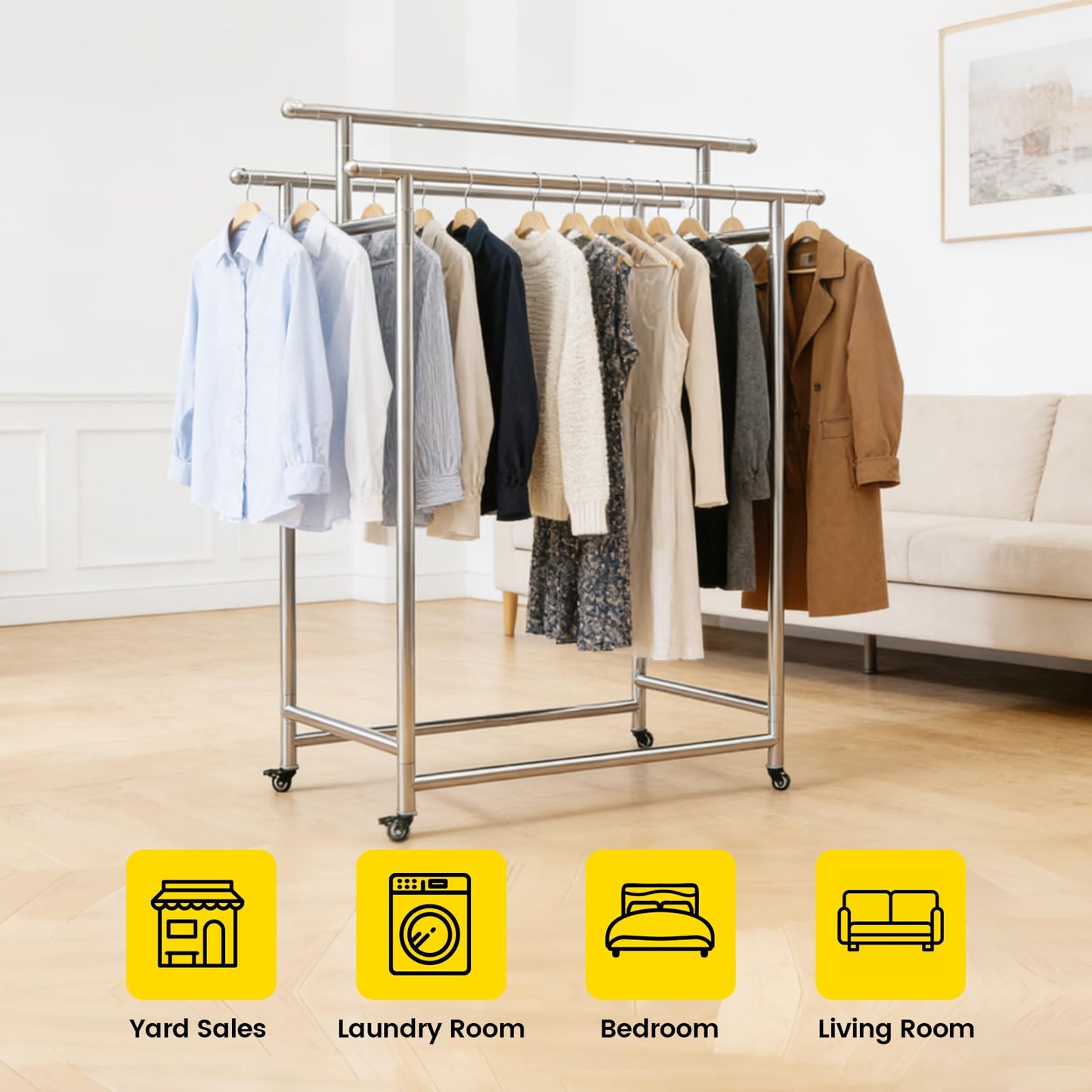 DEGEDUN Heavy Duty Clothes Rack Load 660LBS, Portable& Adjustable Clothes Rack with Wheels Garment Rack, Lockable Rolling Wheels, for Bedroom and Laundry Room